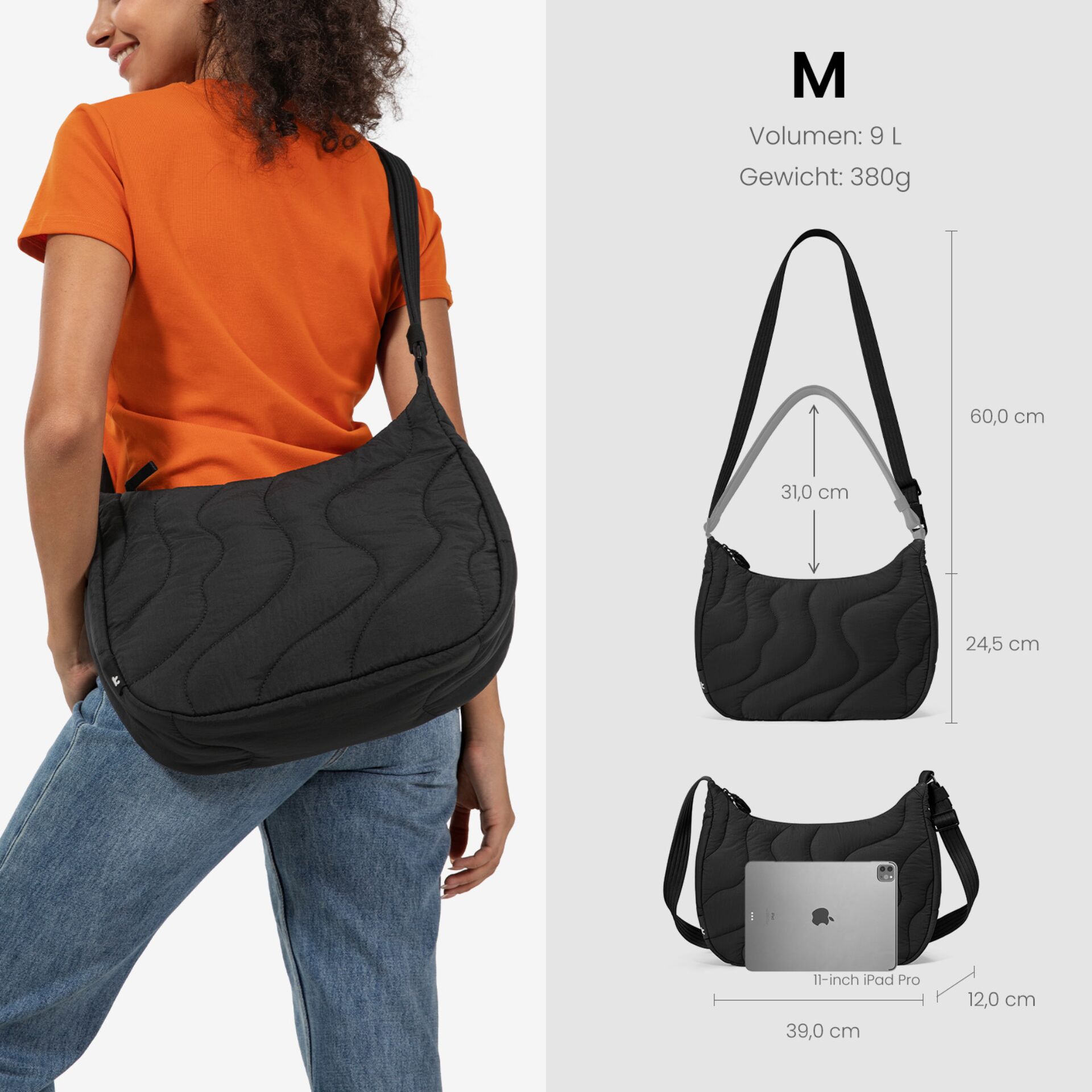 Tasche, Umhängetasche, Quilted, Schwarz, Henkeltasche