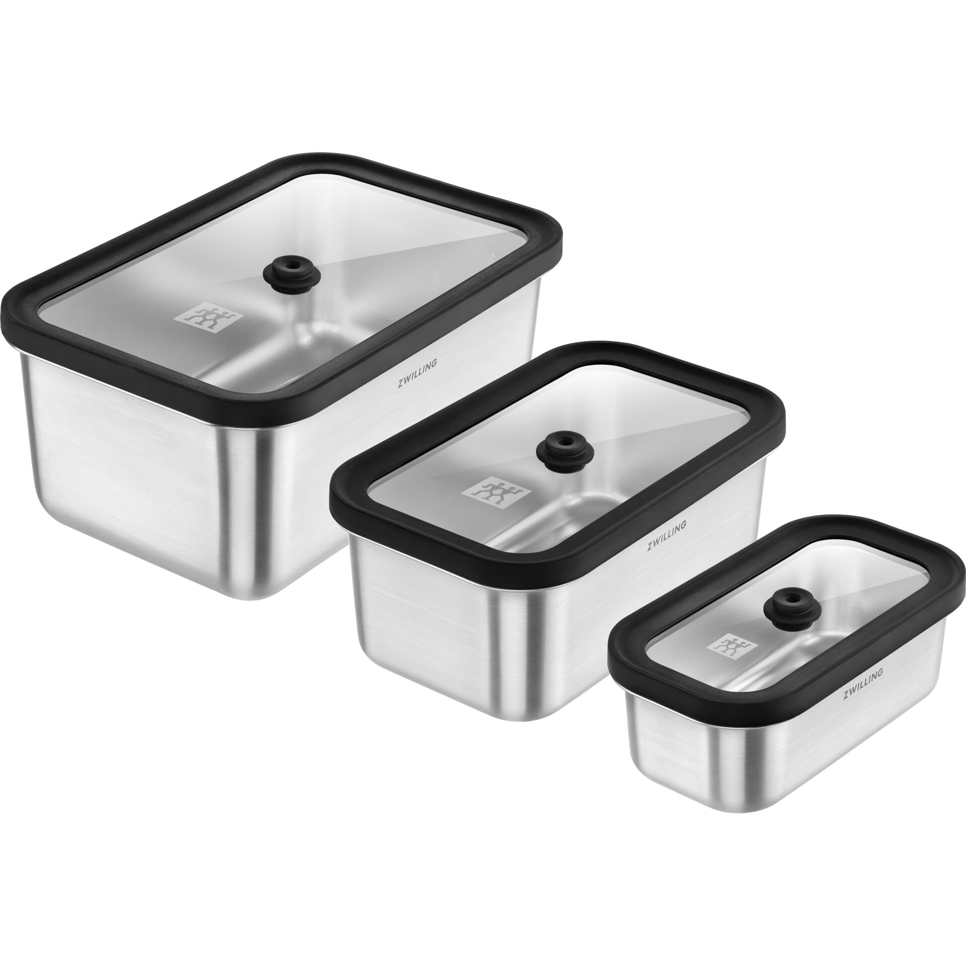 Vakuumierbehälter, Edelstahl, Glasdeckel, schwarzer Silikonrand, 3er-Set