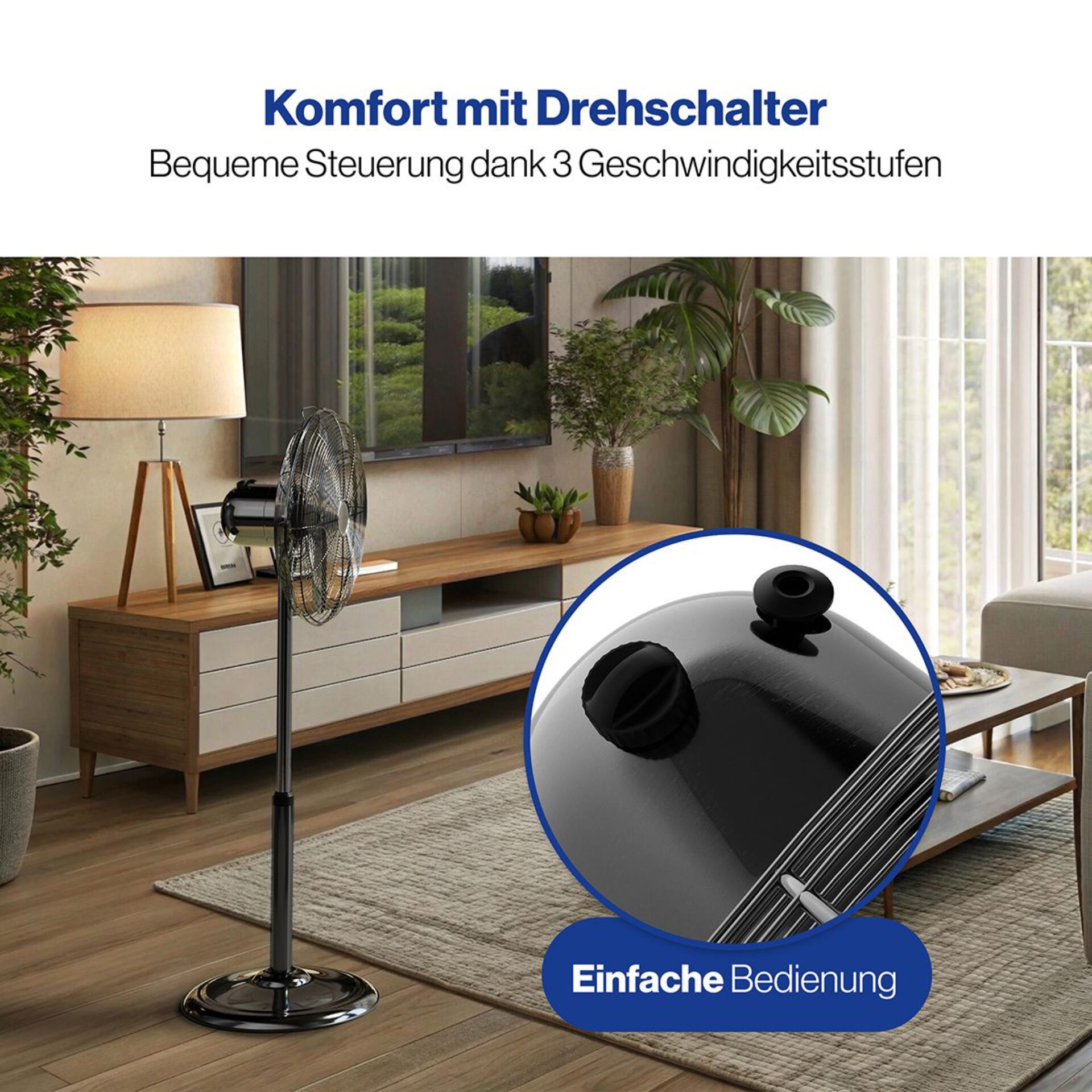 Ventilator, Stativventilator, Glastopf, Drehschalter, Wohnzimmer