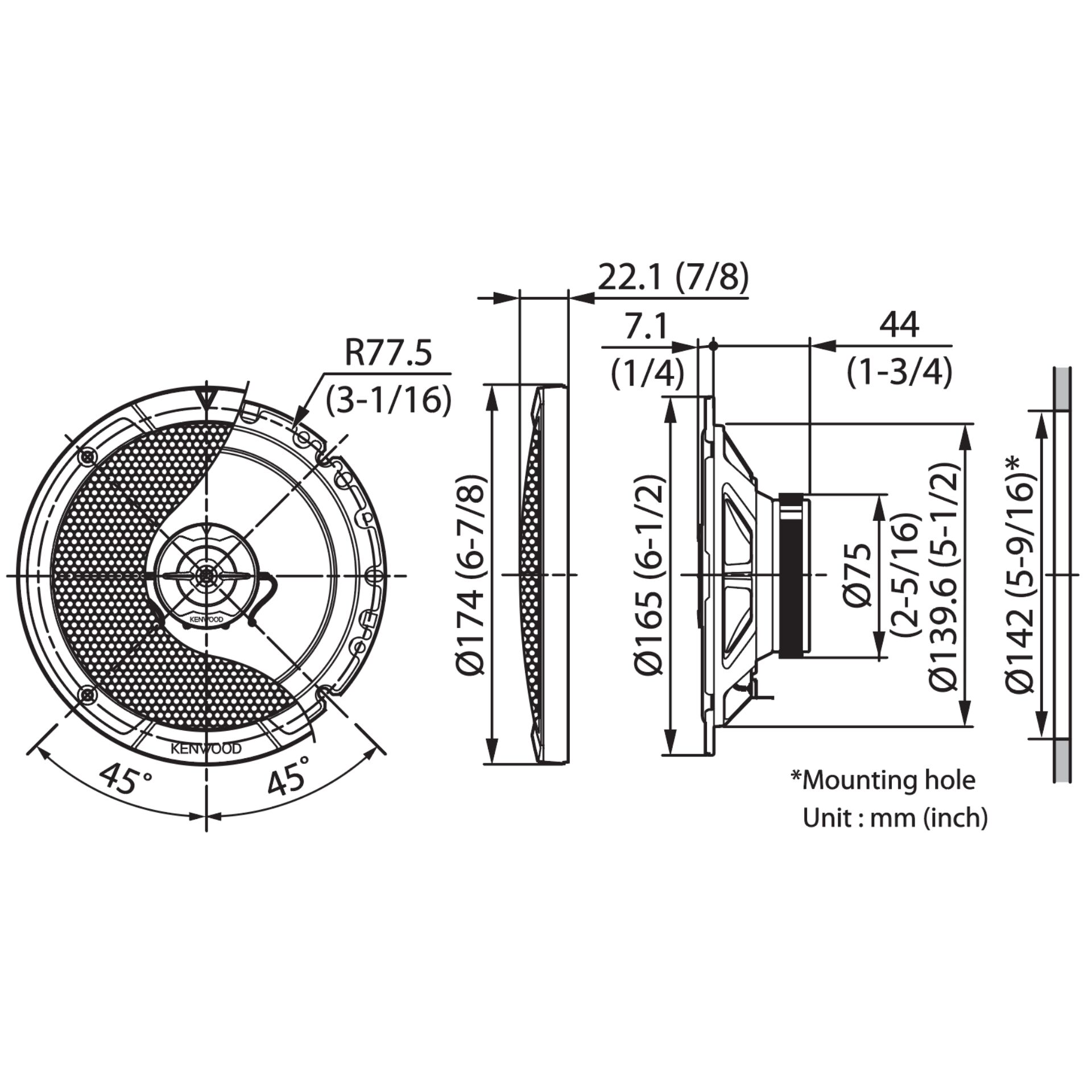 Lautsprecher, Klingel-/Kopfhörer-Design, Metallkonstruktion, Durchmesser 174 mm, Technische Zeichnung