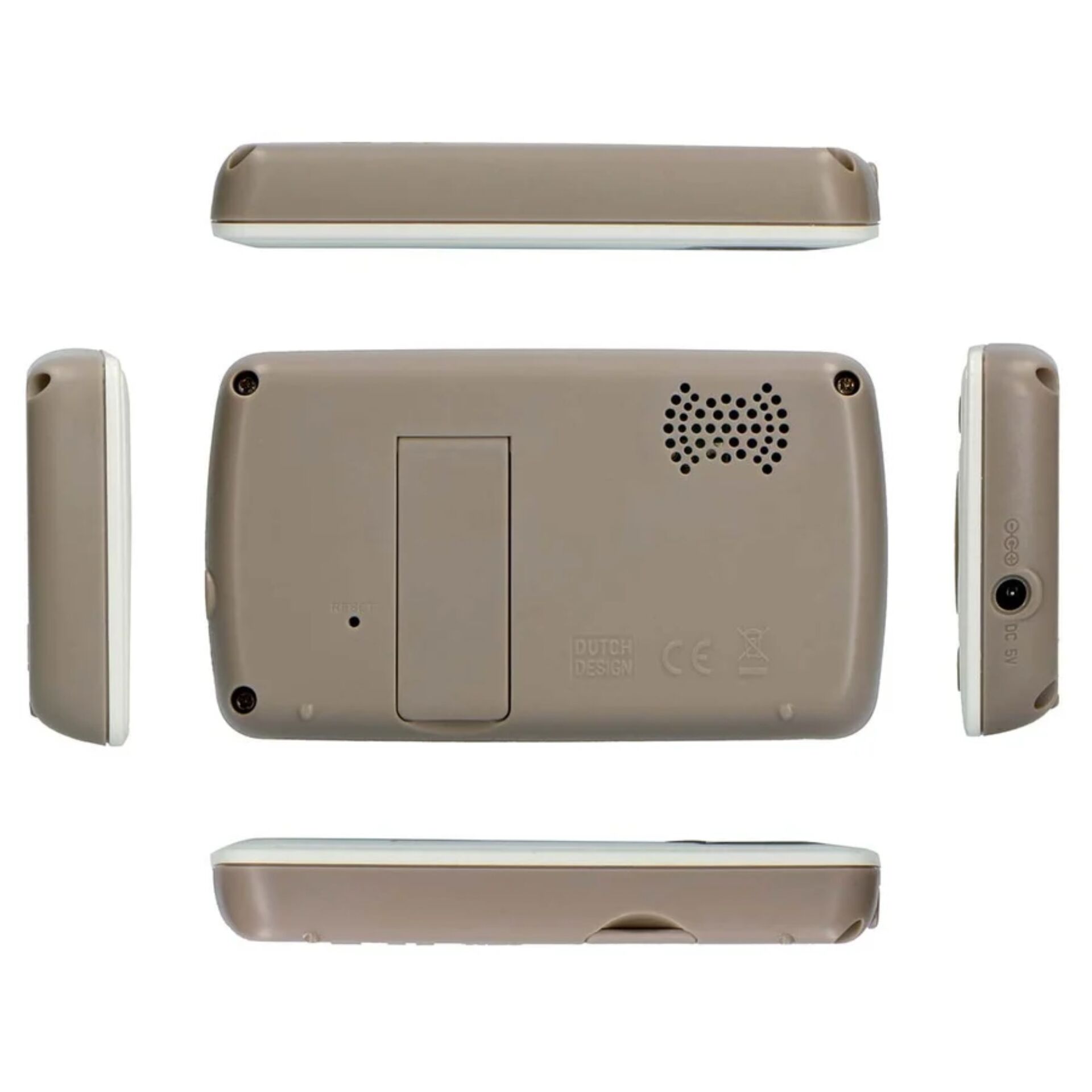 Handheld-Gerät, braune Hülle, Lautsprechergrill, Akkuabdeckung, USB-C-Anschluss