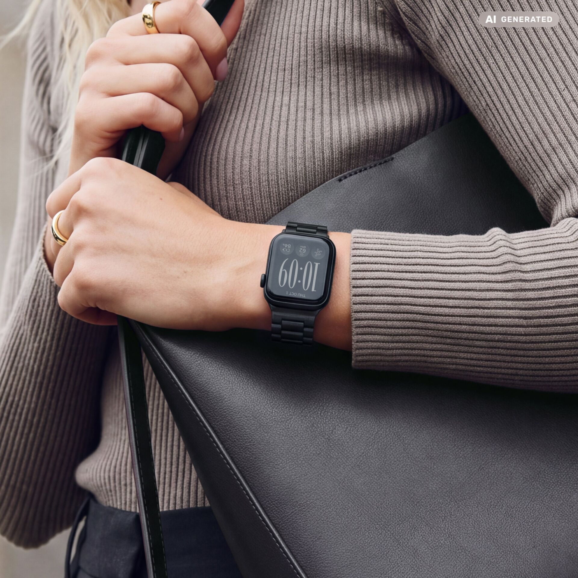 Smartwatch, schwarzes Metallarmband, digitales Display, quadratisches Gehäuse