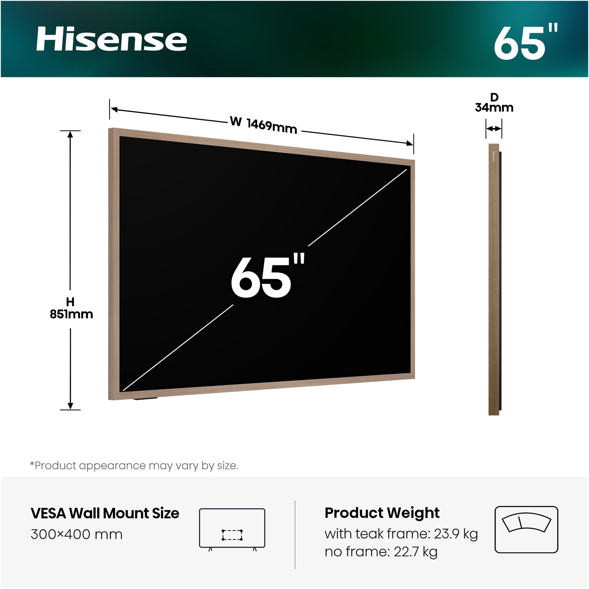65 Zoll, LED Anzeige, Wandmontage, Fernseher, Holzrahmen