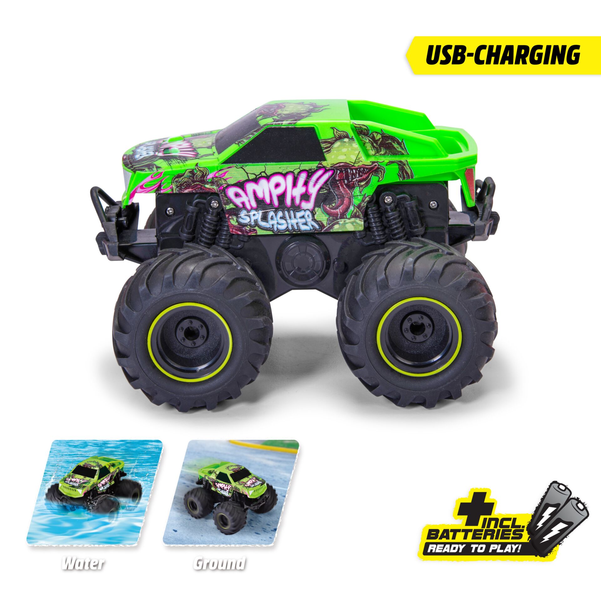 Monster truck, Green vehicle, Graffiti print, Große Reifen, USB-Ladung