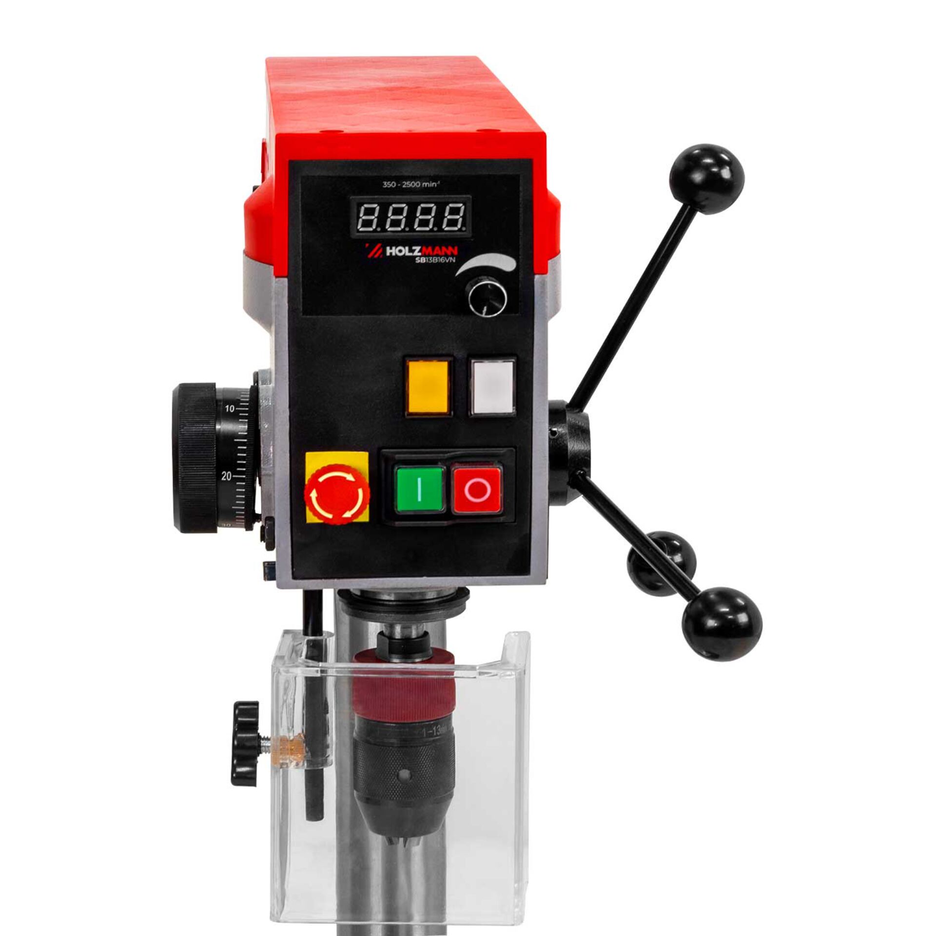 Tischbohrmaschine, digitale Drehzahlanzeige, Bohrfutter, transparenter Bohrschutz, rot-schwarz