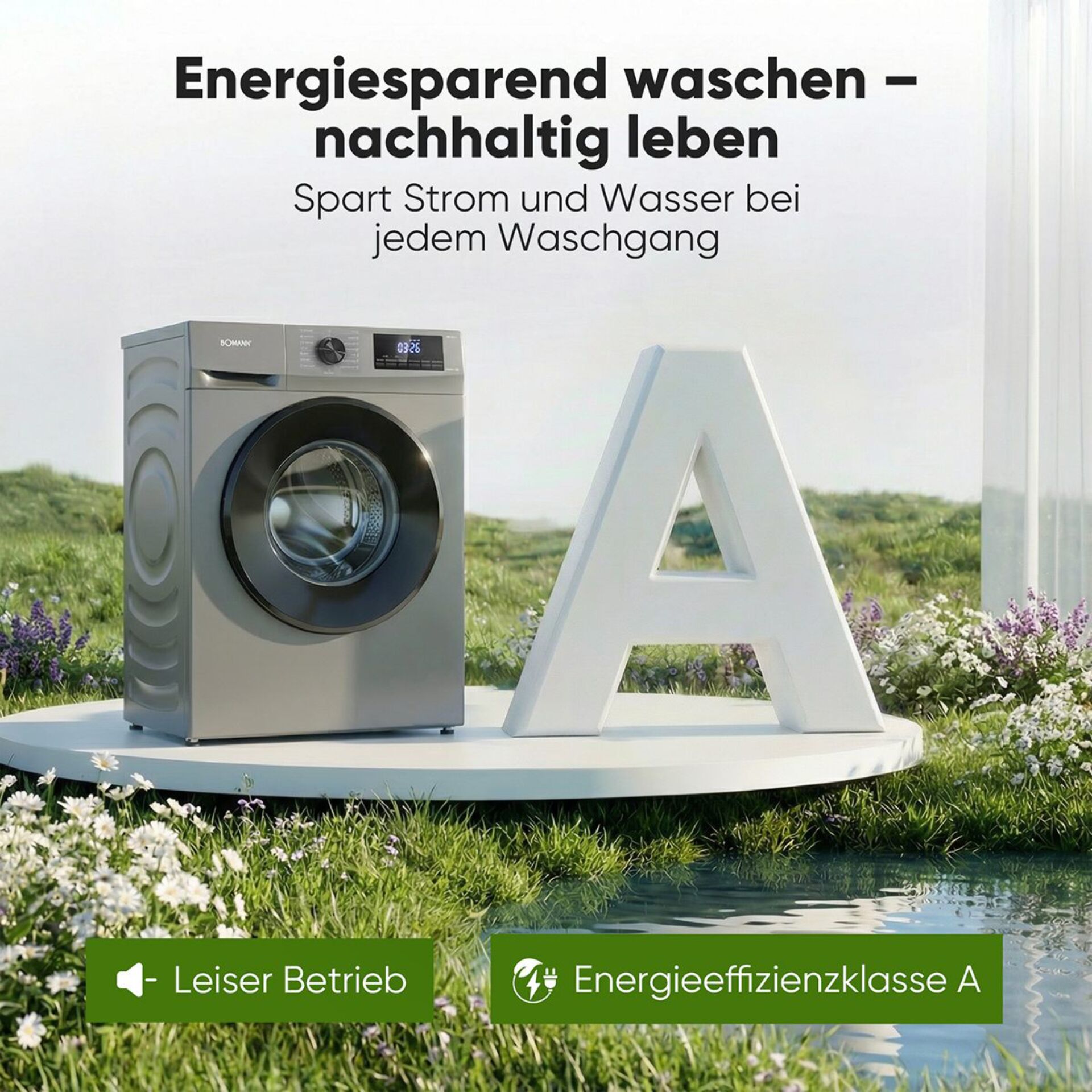 Waschmaschine, Frontlader, Silber, Großes Fensterbild, Energieeffizienz A
