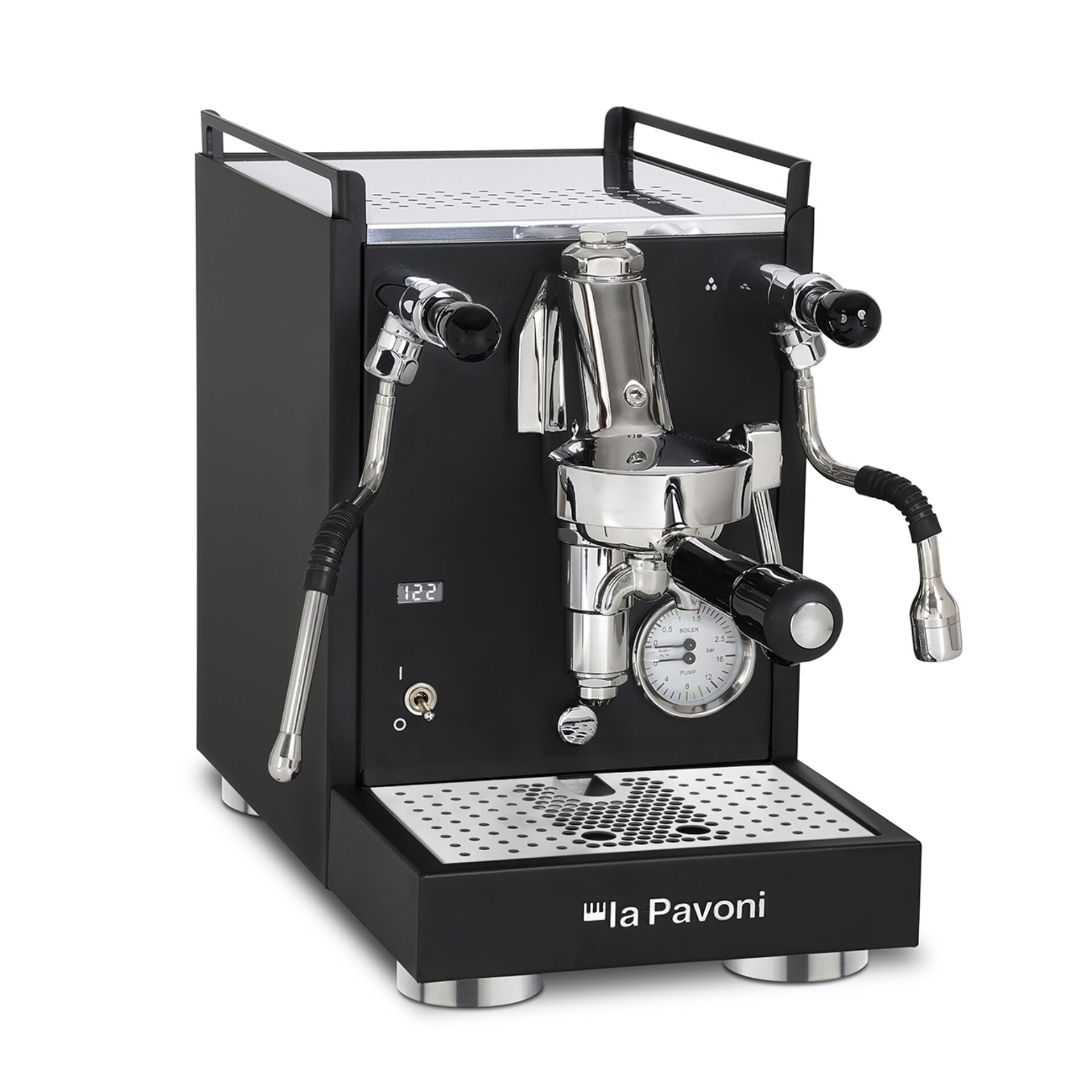 Espresso-Maschine, Dualgruppe, Portafilter, Dampfzug, Digitalanzeige