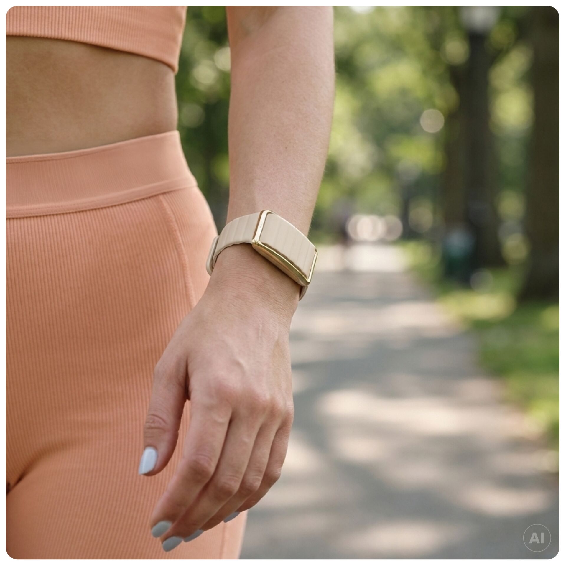 Fitness-Tracker, Smartwatch, cremefarbenes Armband, goldfarbener Rahmen, rechteckiges Display