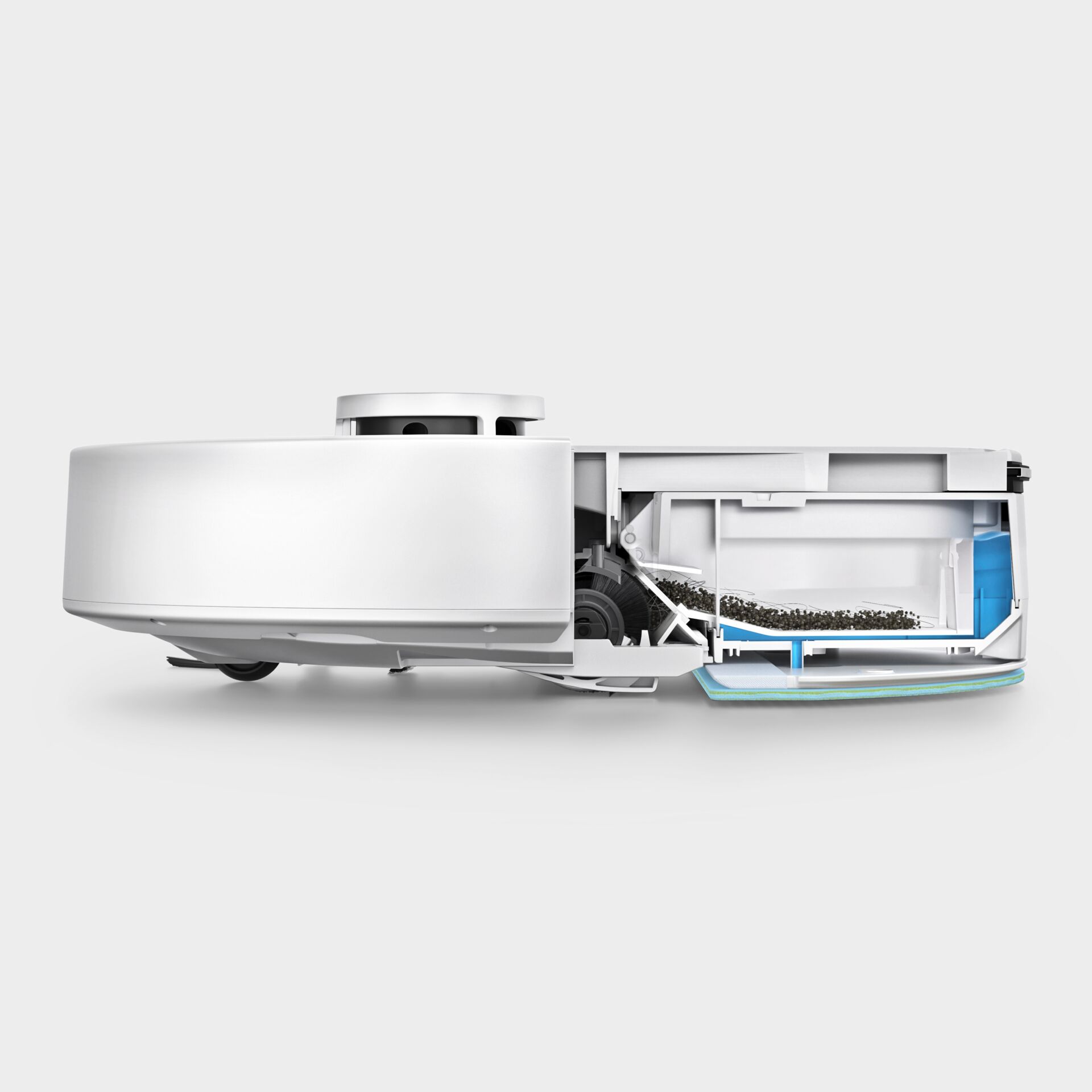 Roboterstaubsauger, Staubsauger, Seitliche Sicht, Bürsten, Staubbehälter, Robotics, Roboterstaubsauger, Autonomen Staubsauger, Seitliche Ansicht, Innere Bauteile