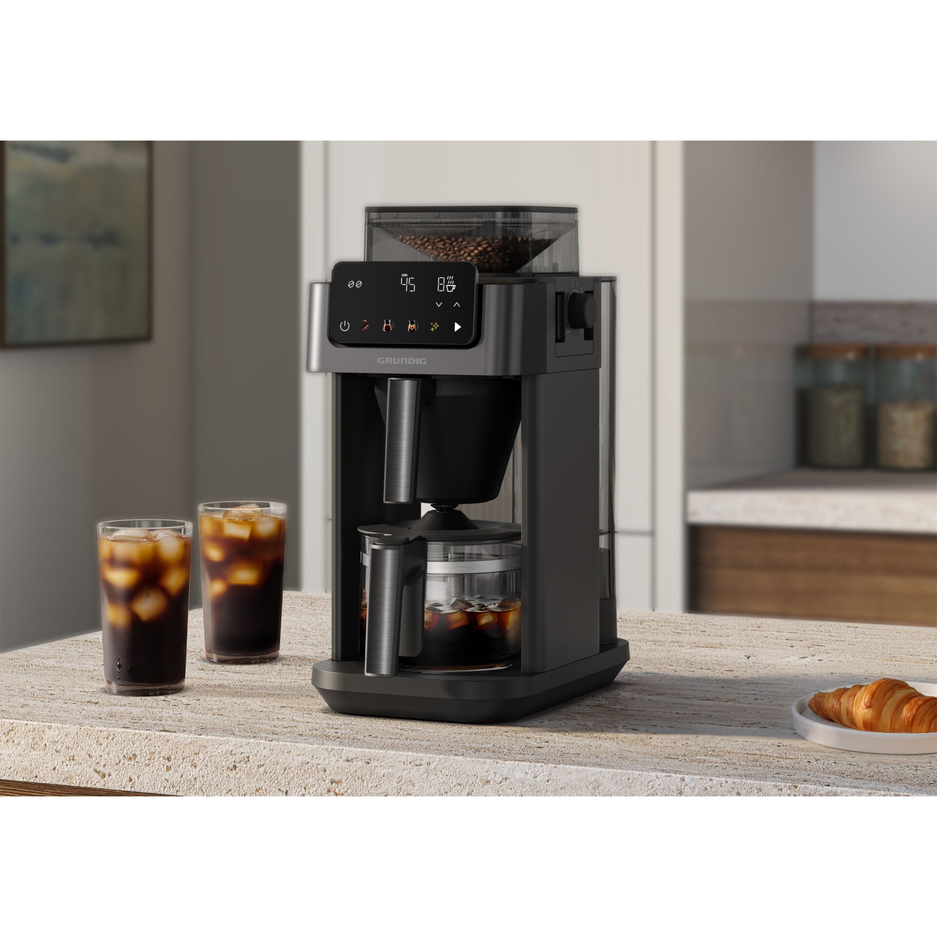 Kaffeemaschine, Kaffeemühle, Kaffeebohnenbehälter, Touchdisplay, schwarz