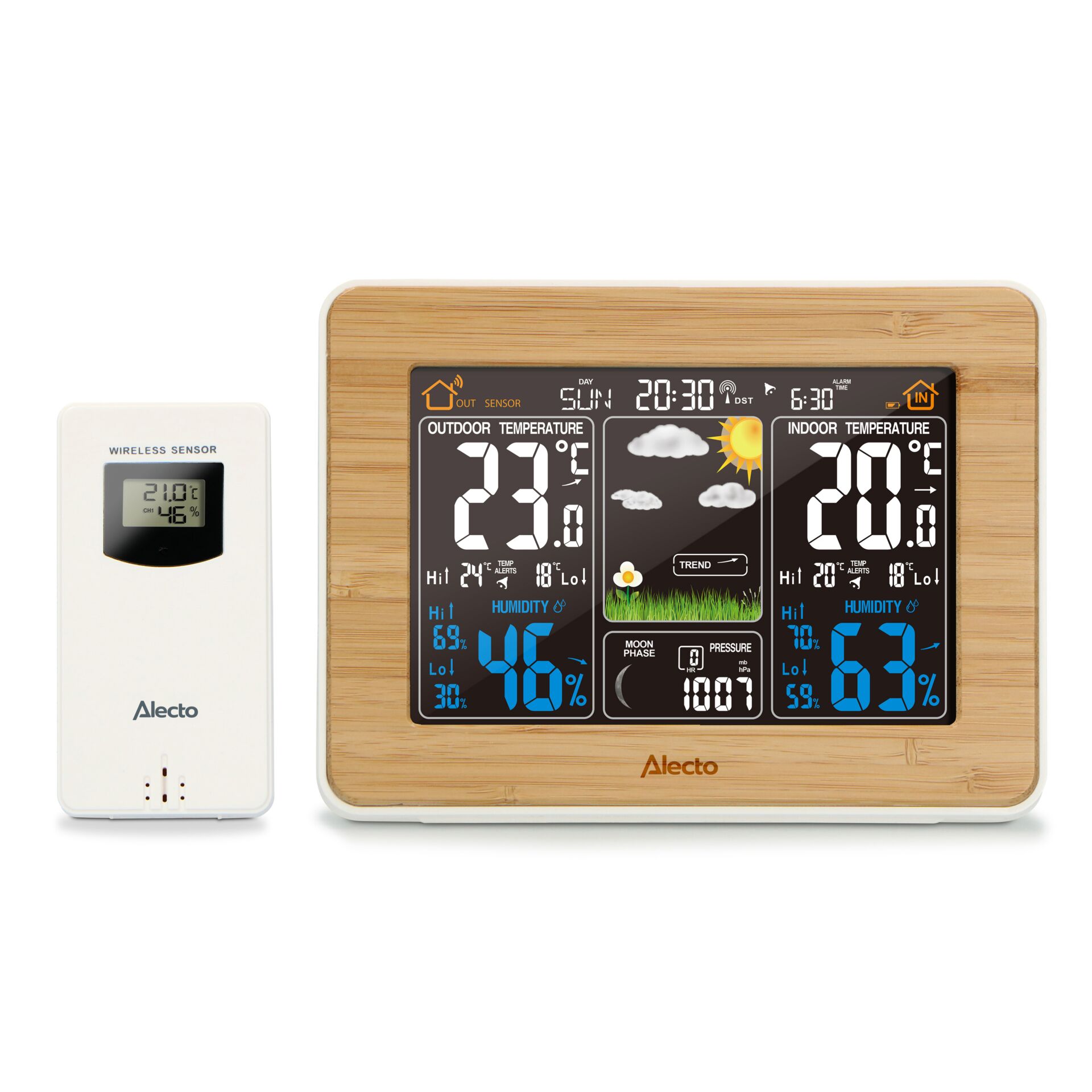 Wetterstation, Wetterstation mit Display, Holzrahmen, Temperatur, Feuchtigkeit