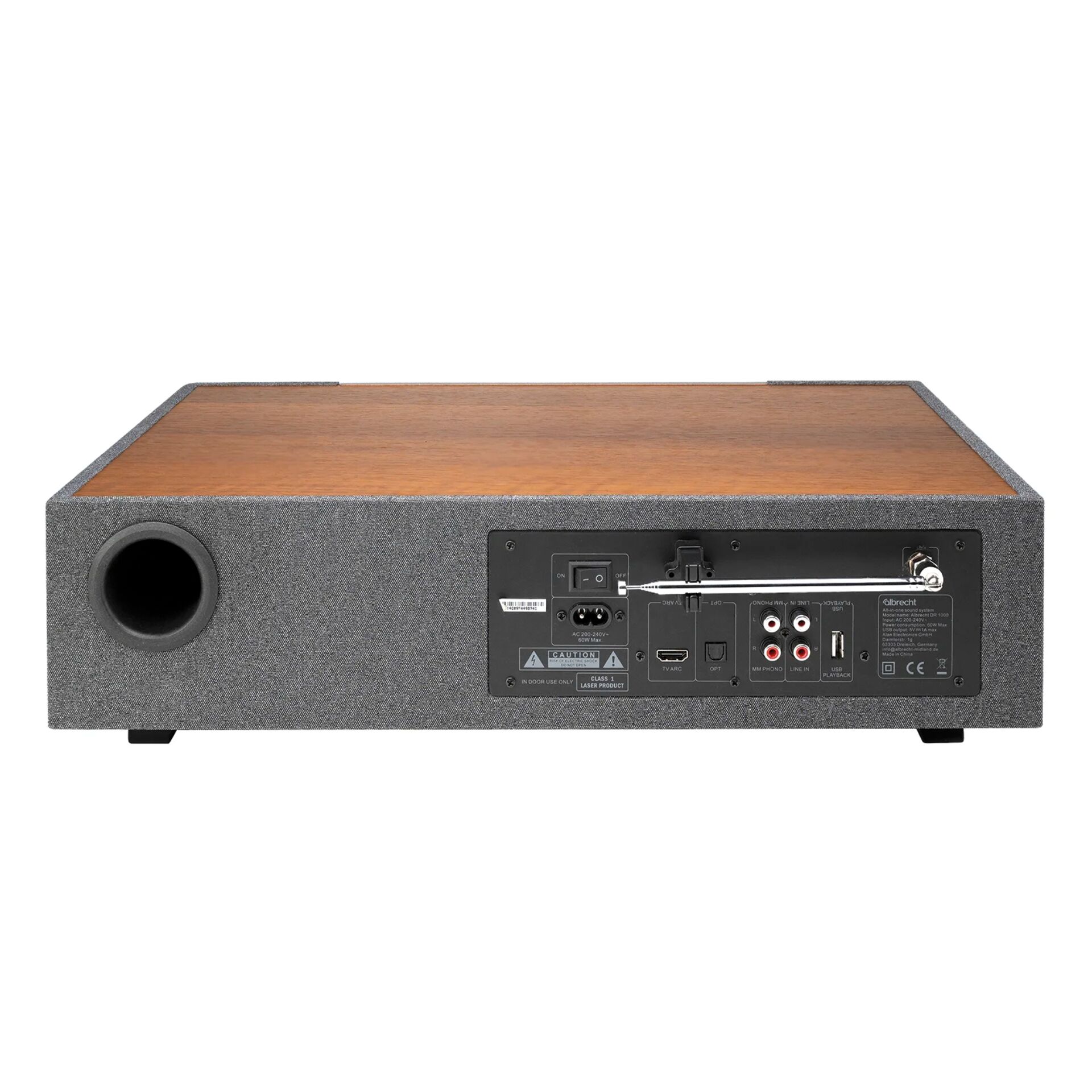 subwoofer, wooden top, gray fabric, rear panel, Lautsprecher System