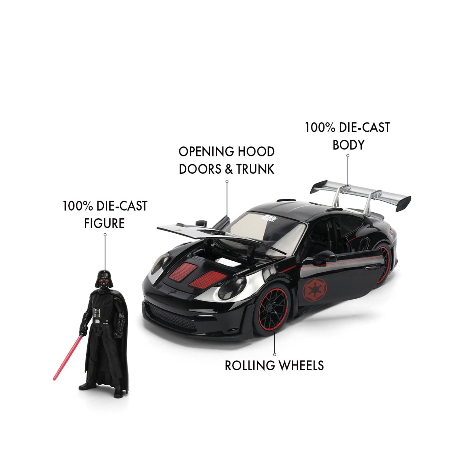 Spielzeugauto, Gummi/Metallmodell, Sportwagen, Darth Vader Figur, Drehende Räder