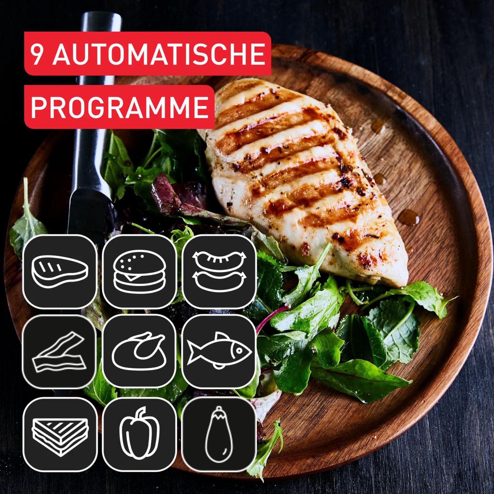 gegrilltes Hähnchen, Salat, Holzplatte, Kochplatte, Fleischgericht