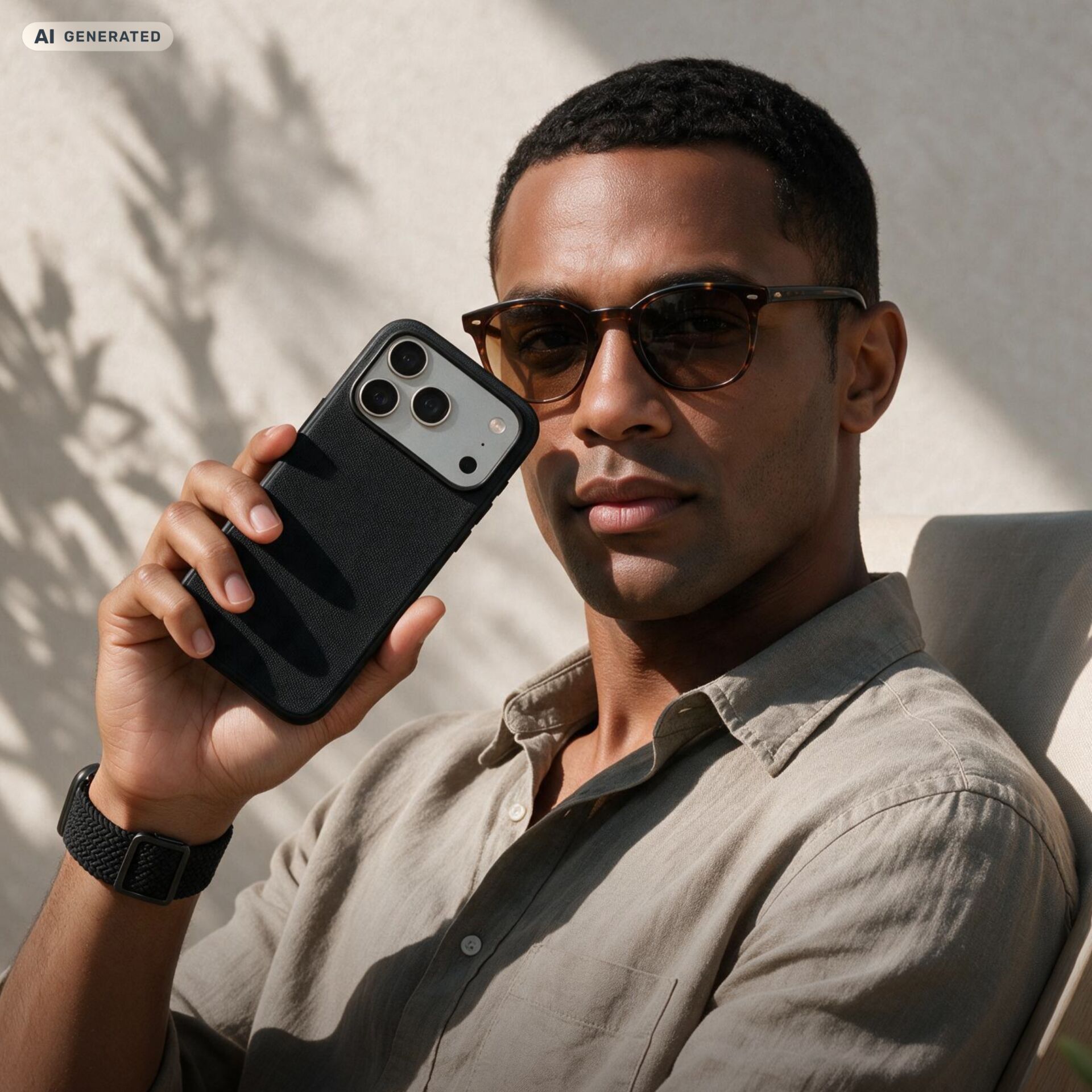 Smartphone, Hülle, Kamera-Linse, Sonnenbrille, Armbanduhr