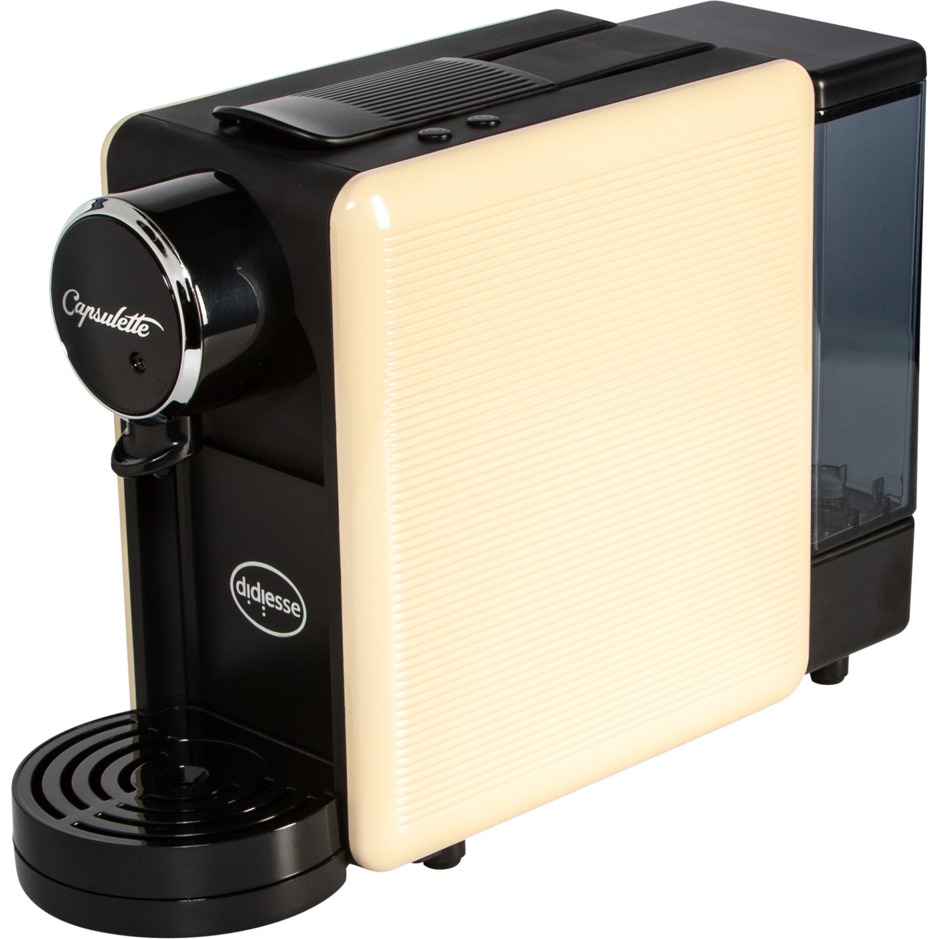 Kapselkaffeemaschine, Cremefarben, Schwarzes Gehäuse, Wassertank, Tropfschale