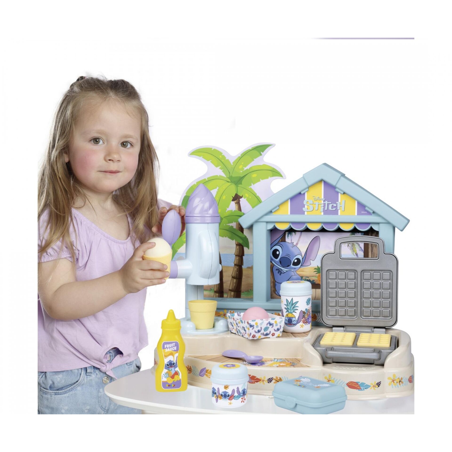 Küchenspiel, Spielzeugküche, Waffeleisen, Sammelspielzeug, Puppe, Teigfarbe, Flasche, Fruchtsoße, Kasten