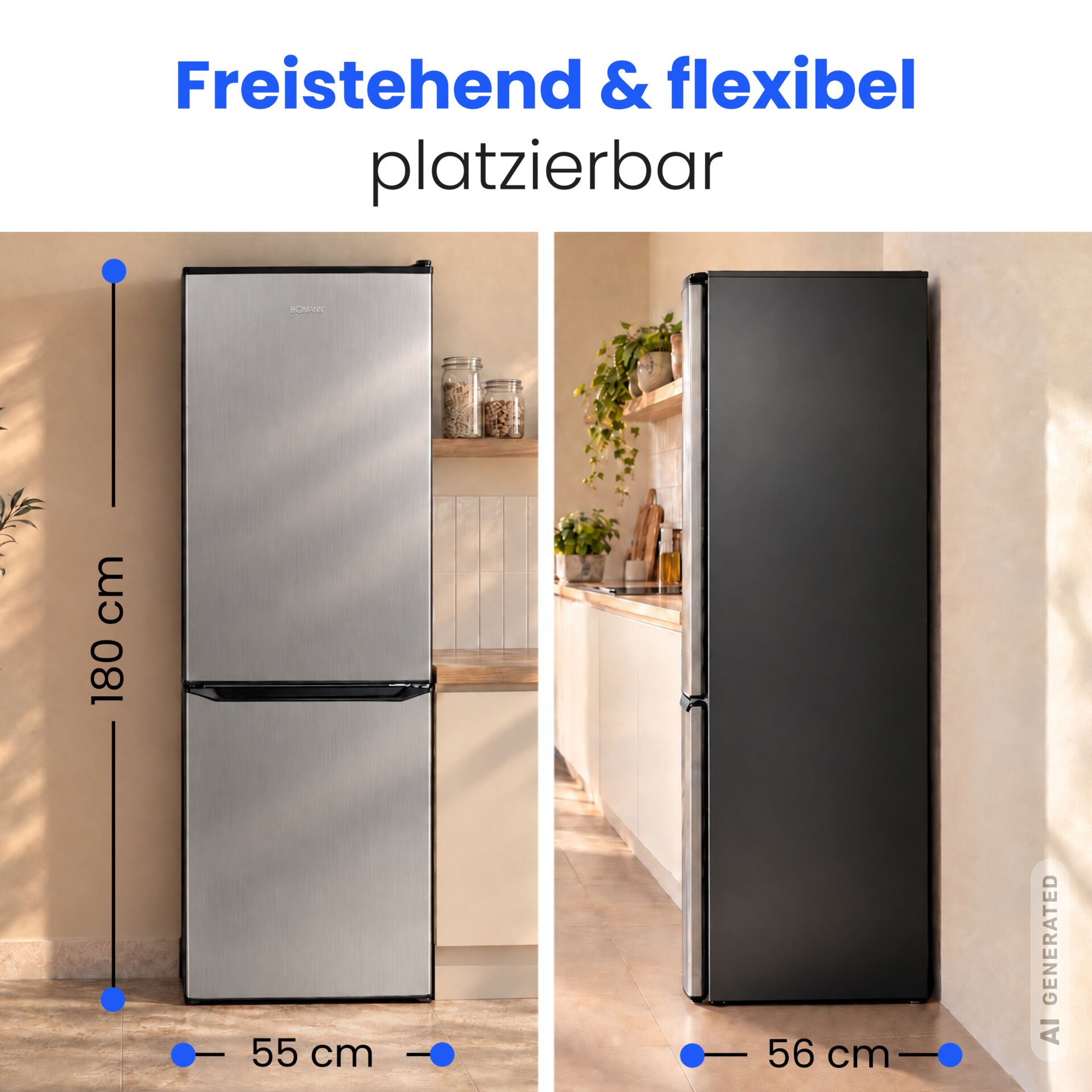 Kühl-Gefrierkombination, freistehend, Edelstahloptik, schwarz, 180 cm hoch