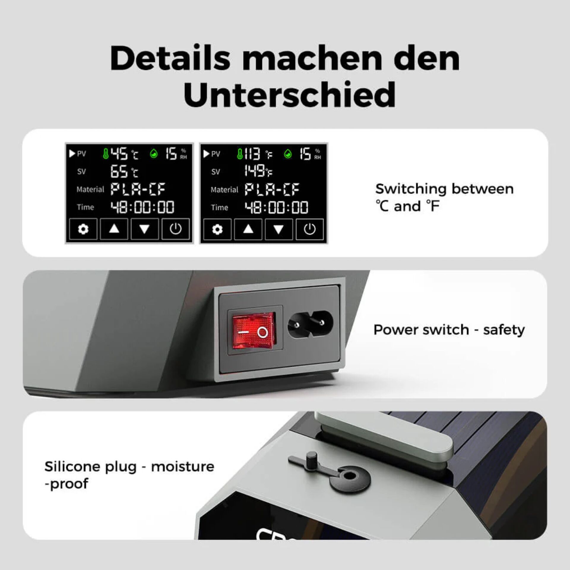 Digital display, Temperature control, Power switch, Silicone plug, Moisture proof