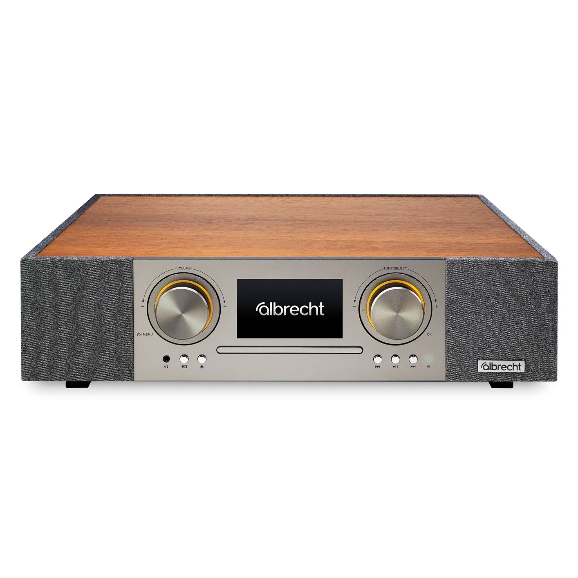 Stereo Receiver, Holzoberfläche, Albrecht, Silbernes Frontpanel, Drehknöpfe