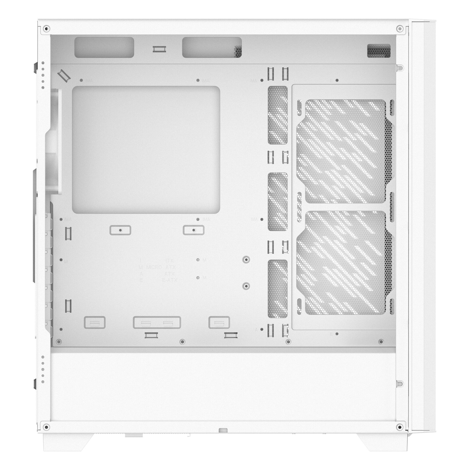 PC-Gehäuse, Gehäuse Innenraum, Metallgehäuse, Lüftungsgitter, Motherboard-Tray