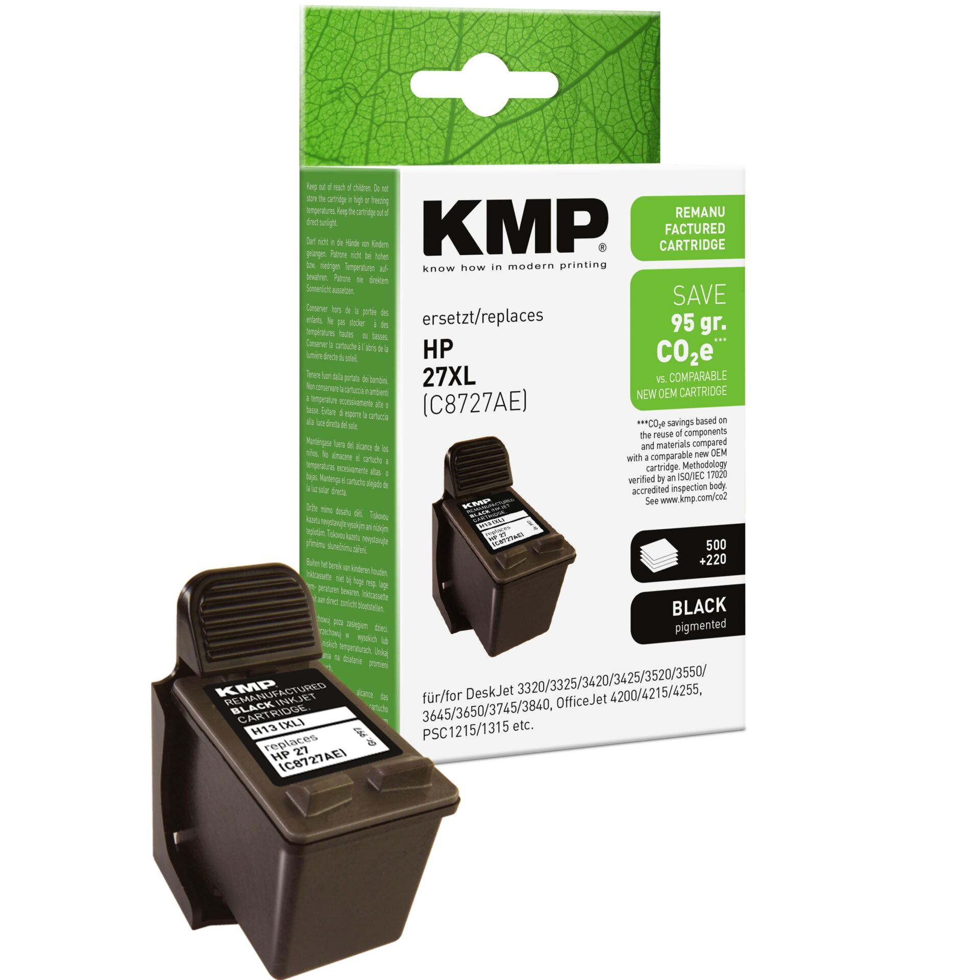 Adapter, Elektronik, QR Code, KMP Tintenpatrone, HP 27XL Ersatz, Schwarzpigmentierte Patrone, Druckerpatrone, CO2e Sparen