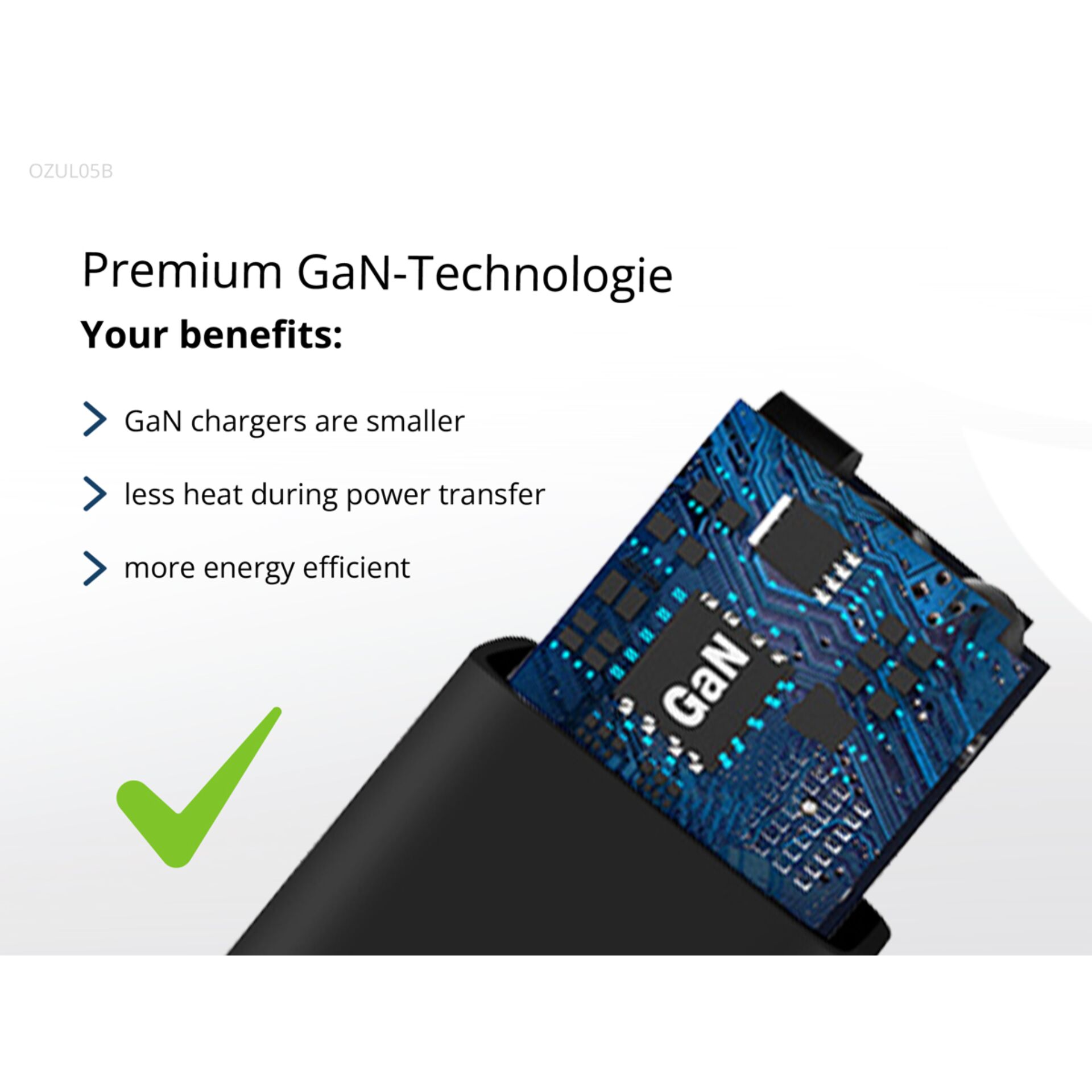 GaN-Technologie, Ladegerät, Schaltkreis, blaue Schaltung, grünes Häkchen