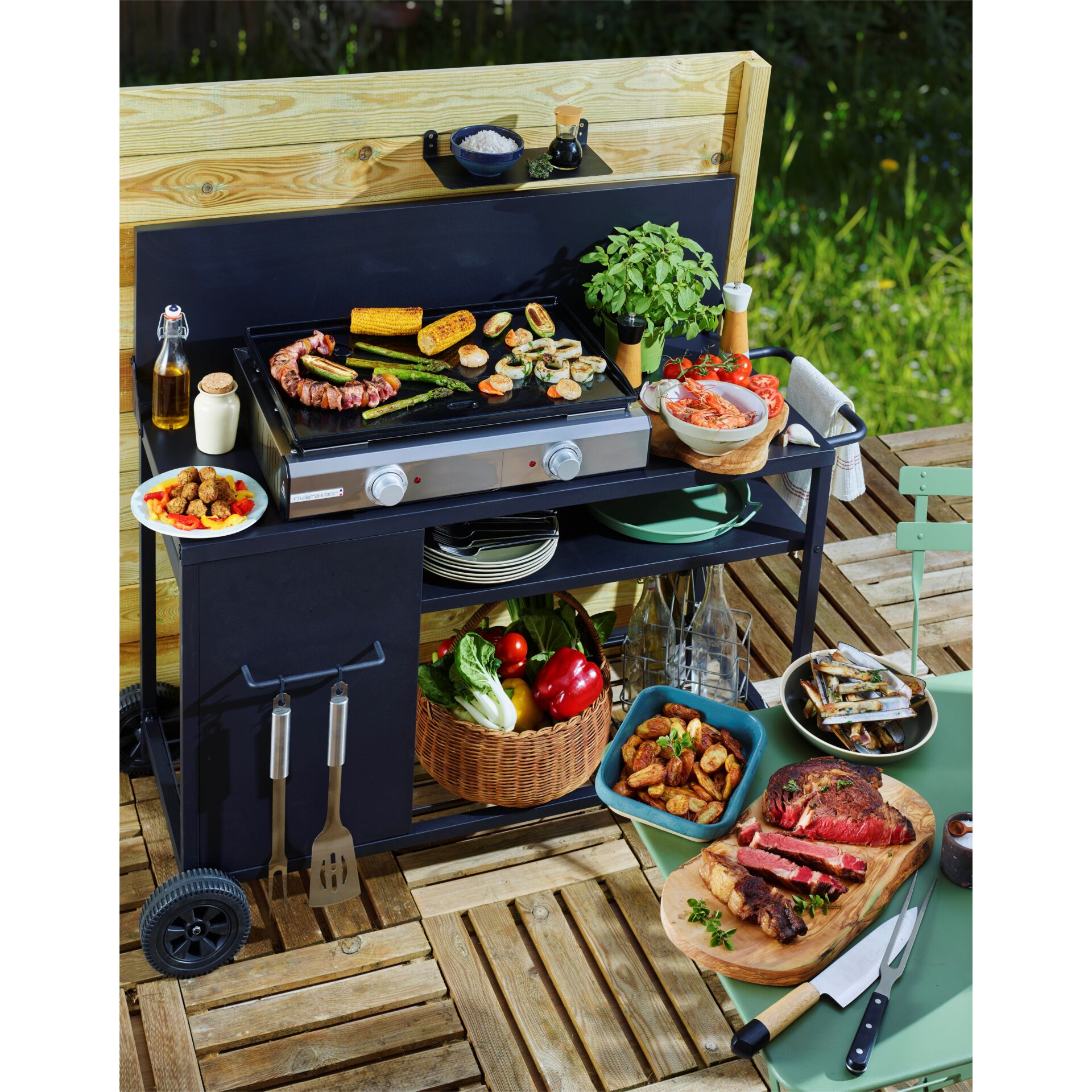 Grill, Grillpfanne, Gemüse, Fleisch, Outdoor-Küche