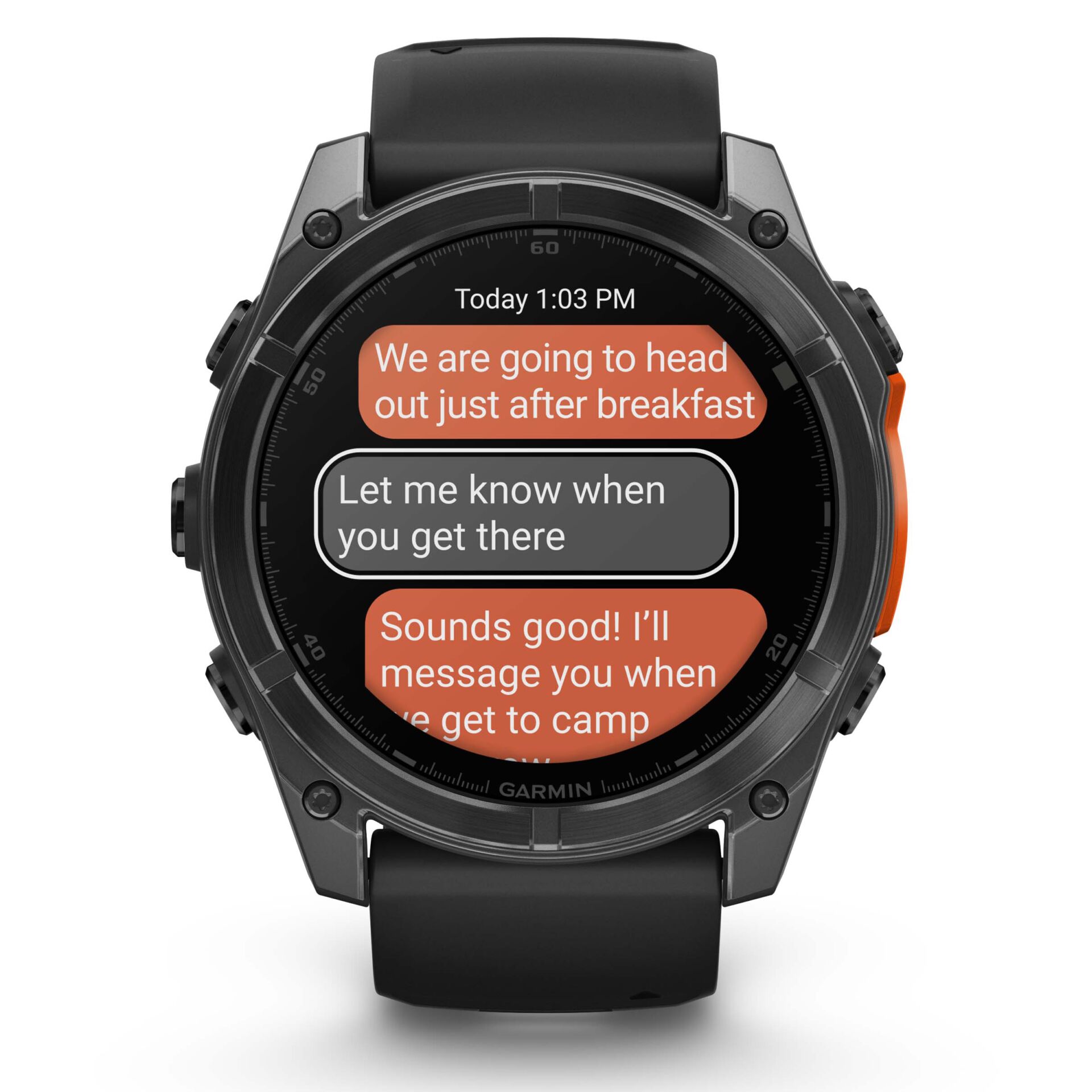 smartwatch, digital display, black strap, round face, text messages