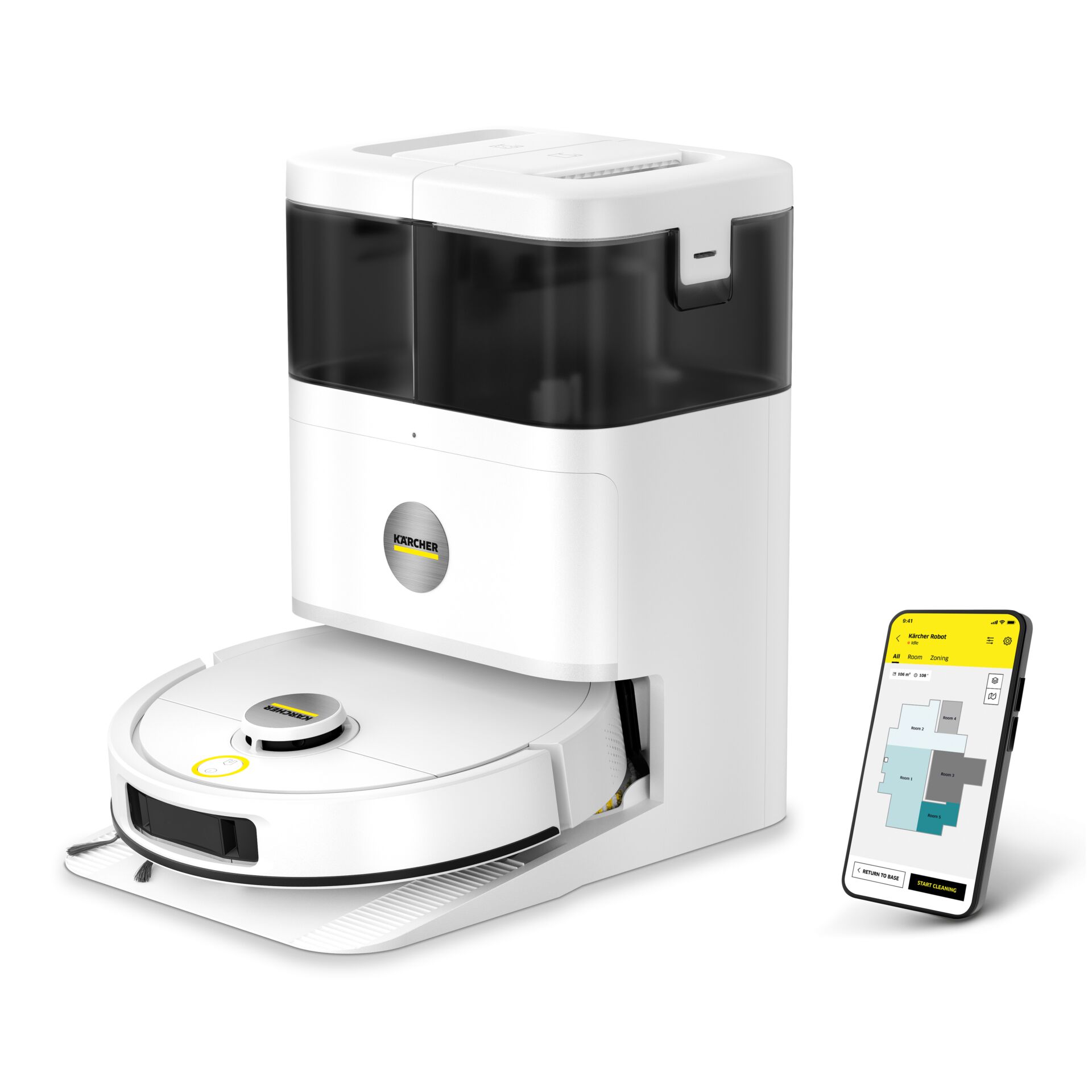 Reinigungsroboter, Saugroboter, Smartphone-Steuerung, weißer Roboter, Kärcher