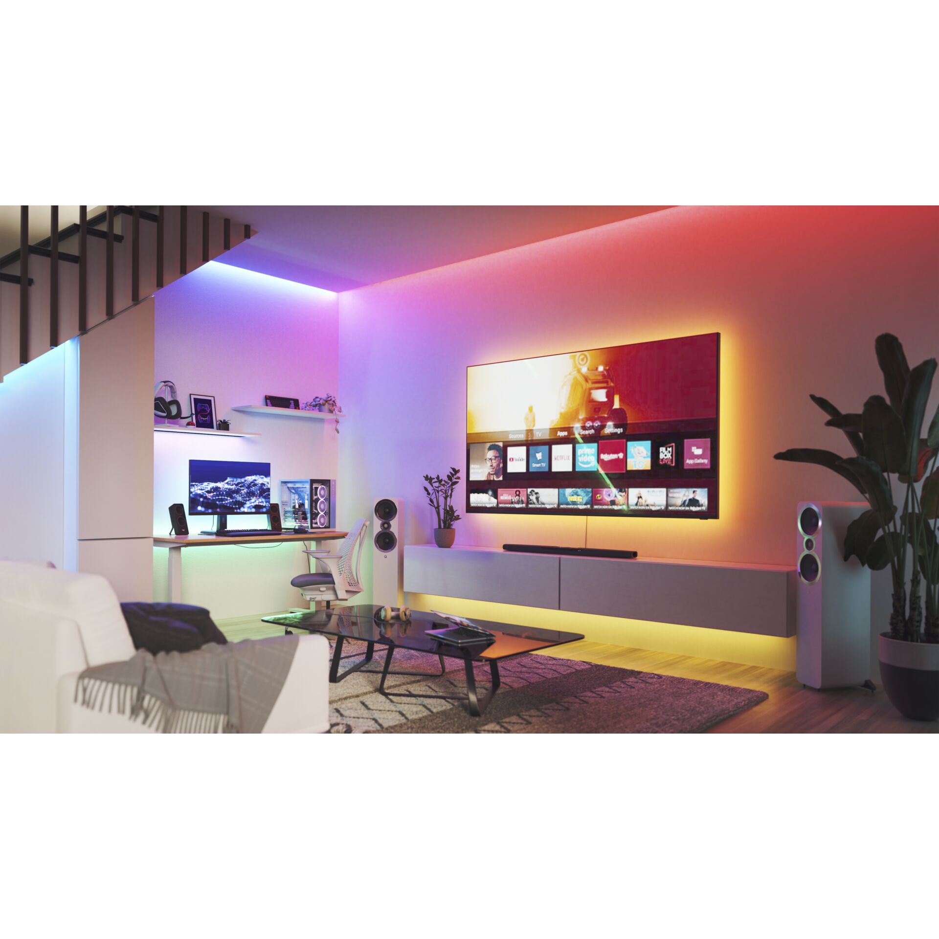 TV, Gaming-Setup, LED-Beleuchtung, Heimkino, Soundanlage