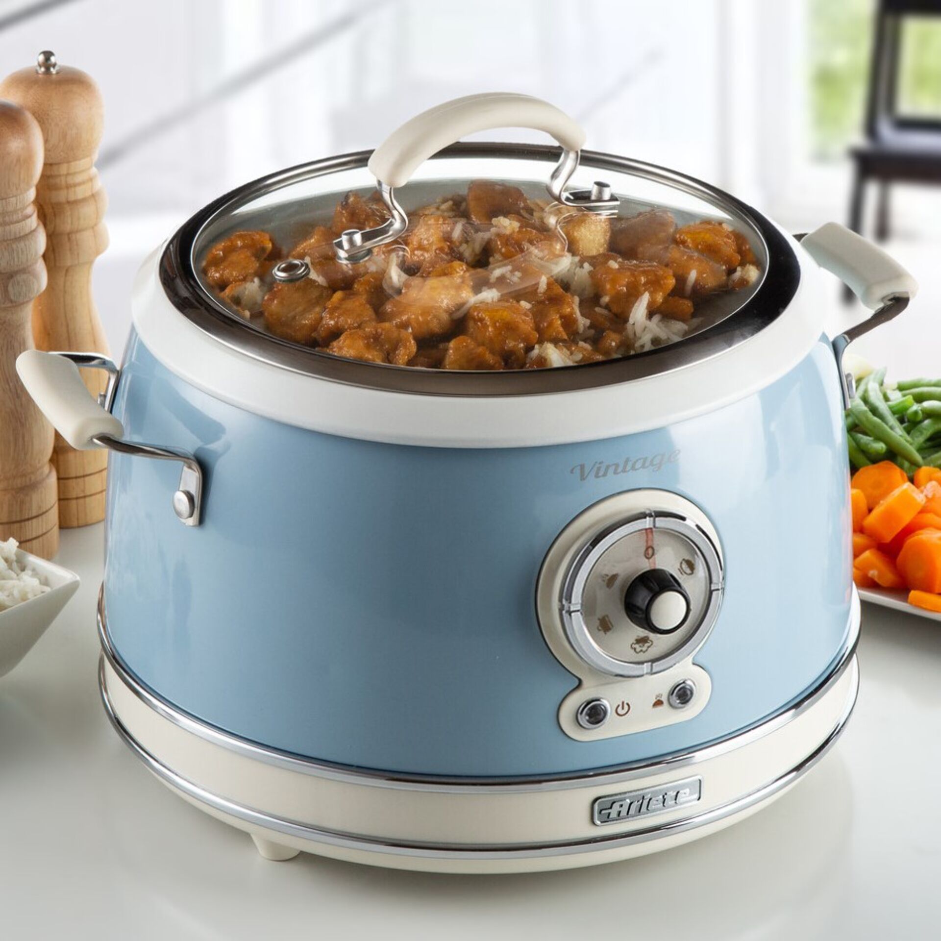 Slowcooker, Kochtopf, Glasdeckel, Stahlknopf, Blau