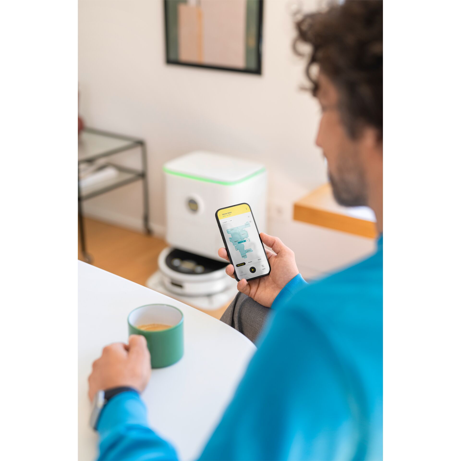 Smarter home, Smartphone app, Tabletop device, Green edge, Coffee mug, smartphone app, Luftreiniger, Haushaltsgerät, Home appliance, Robotergerät