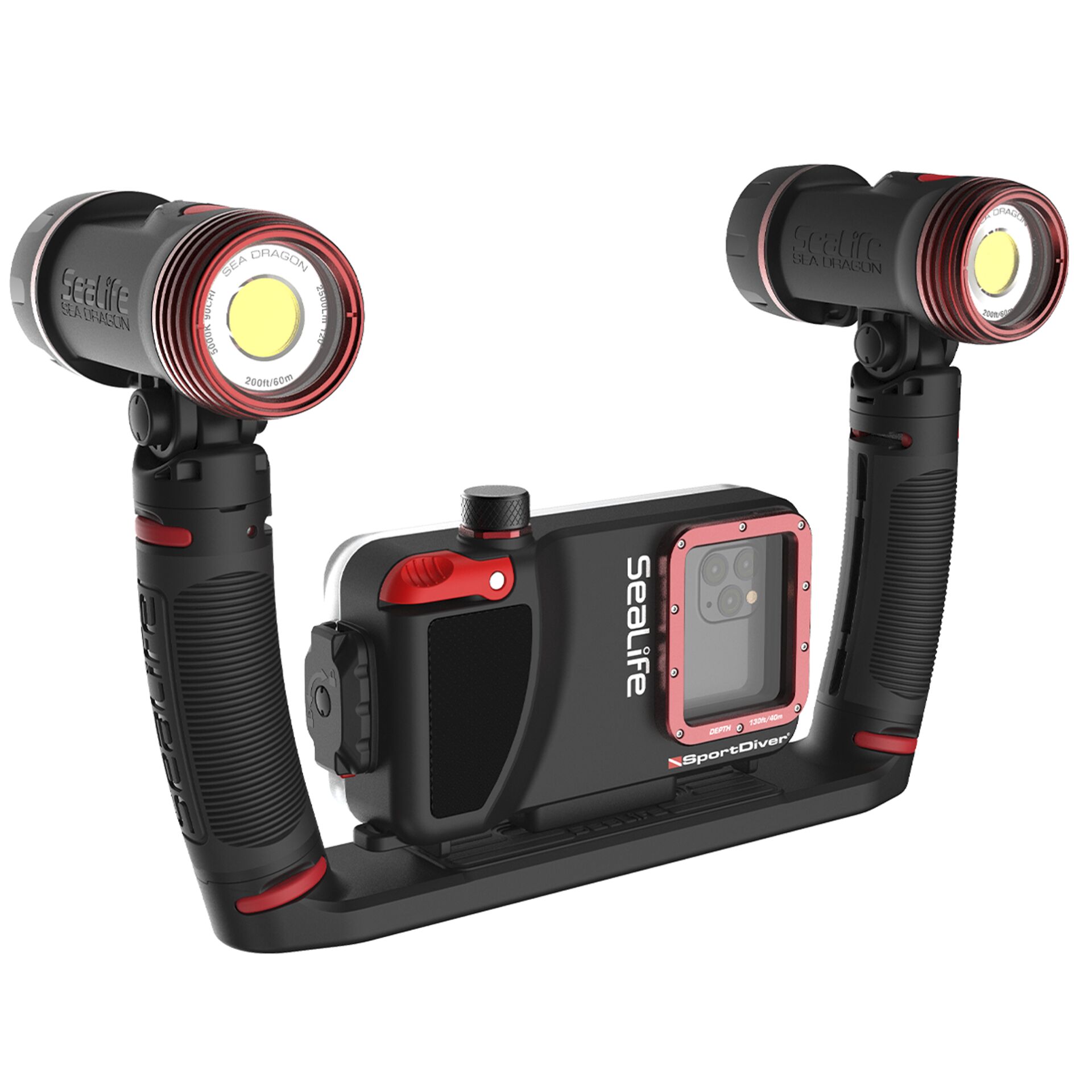 Underwater housing, Sea Dragon lights, Diving stabilizer, Camera housing, Red accents