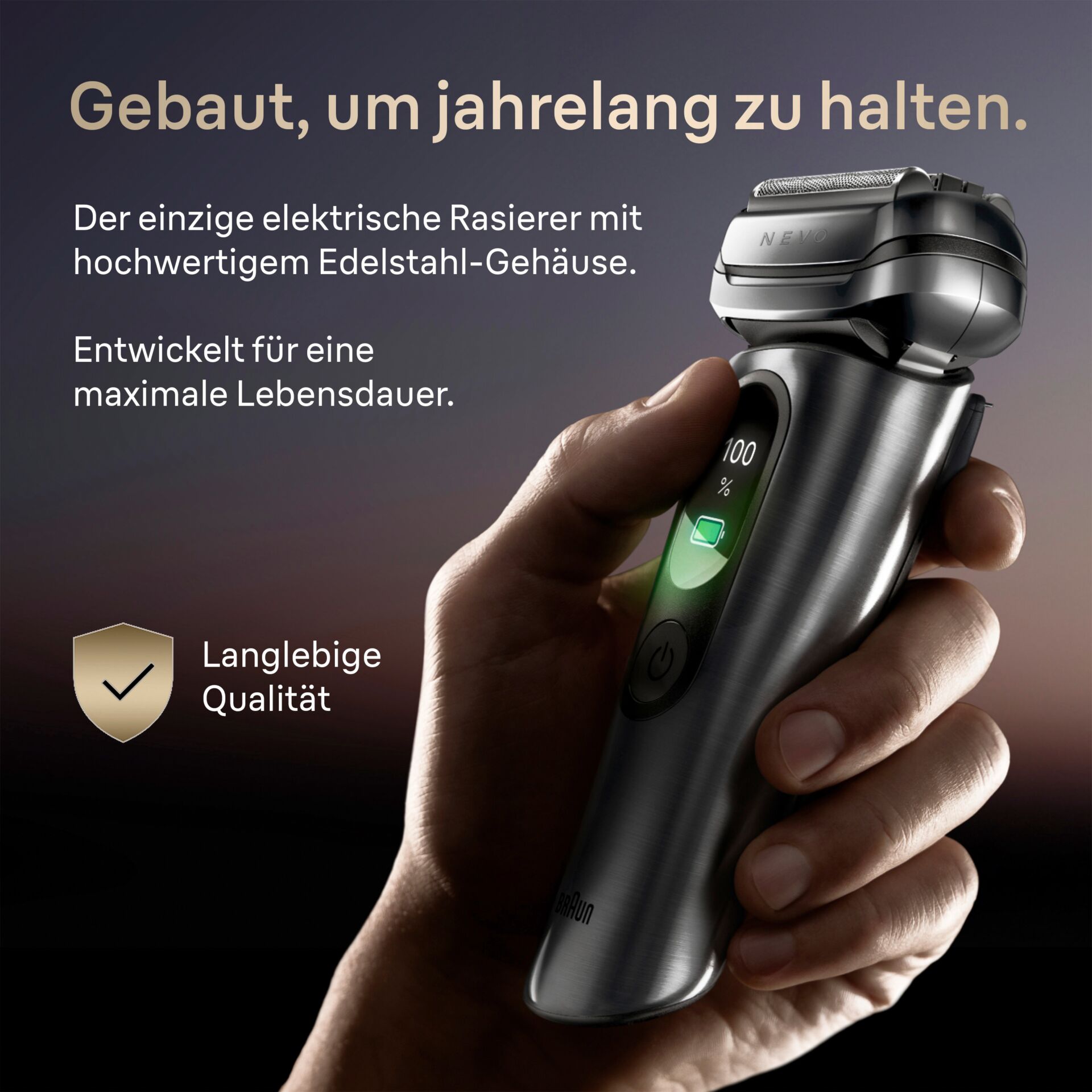 Elektrischer Rasierer, Stahl-Gehäuse, Edelstahl, Drehkopf, LED-Display