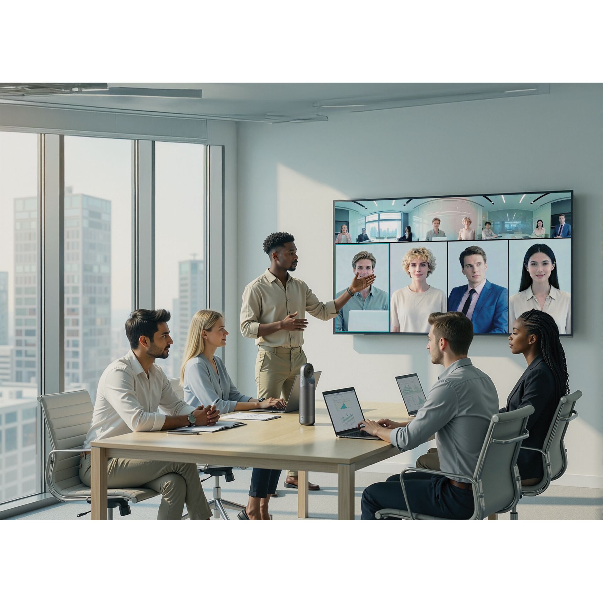 Besprechungsraum, Videokonferenz, Teambesprechung, Laptops, Arbeitsmonitor
