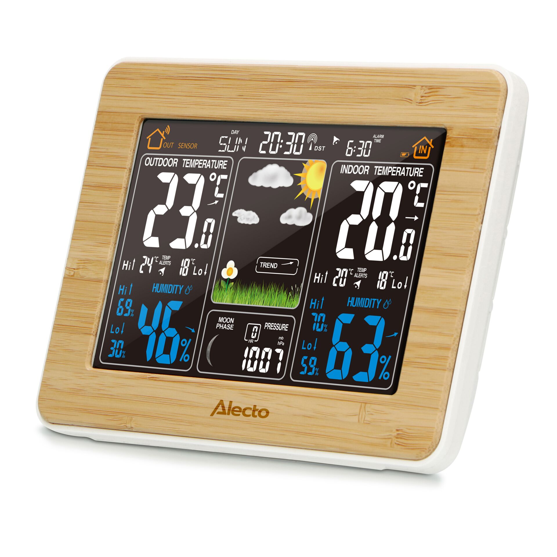 Wetterstation, Digitaler Bildschirm, Holzrahmen, Inkl. Innen/Außenthermometer, Feuchtigkeitsanzeige