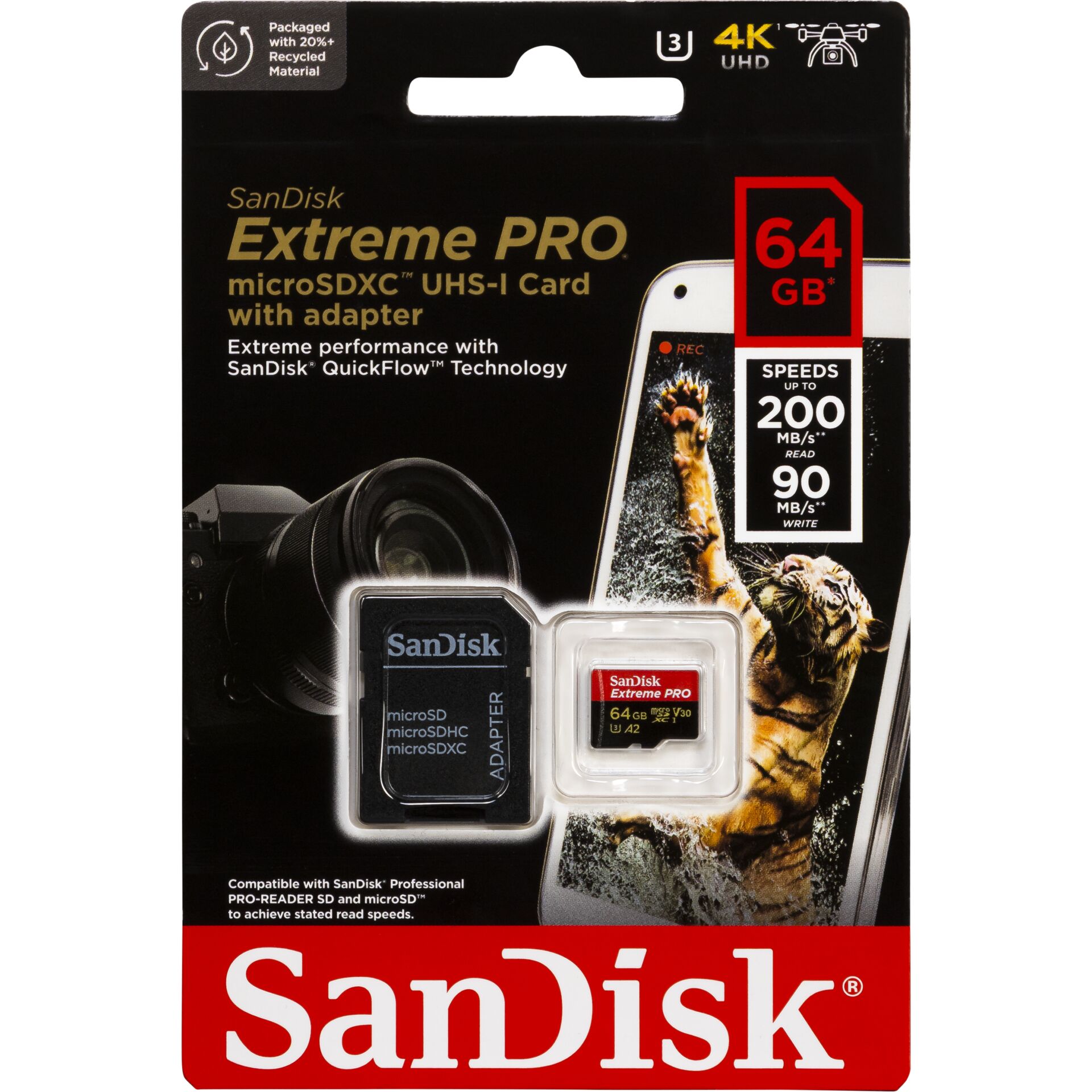 Opakowanie SanDisk Extreme PRO 64 GB z oznaczeniami odczytu do 200 MB/s i zapisu do 90 MB/s