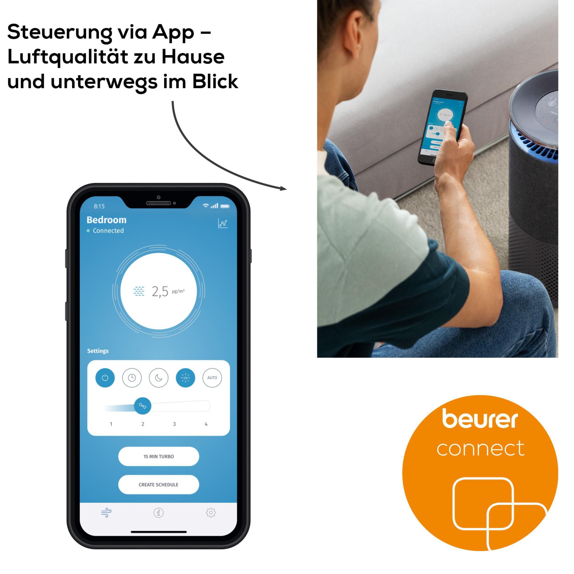 Luftreiniger, Smartphone-App, Fernsteuerung, Raumluftqualität, Beurer-Connect