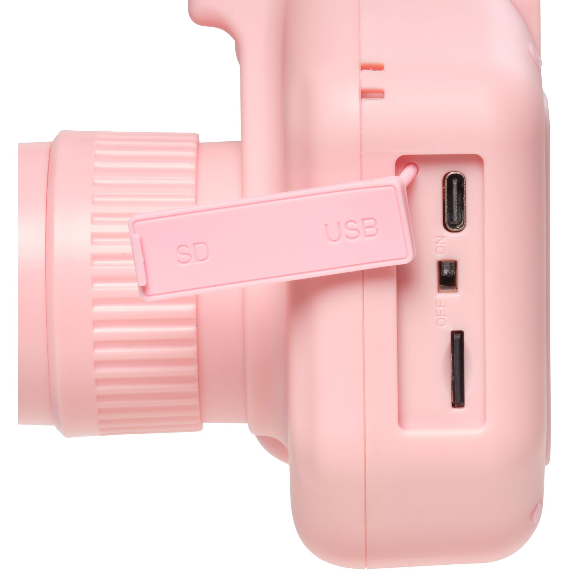 Digitalkamera, Rosa, USB-C-Anschluss, SD-Kartensteckplatz, Kameraobjektiv