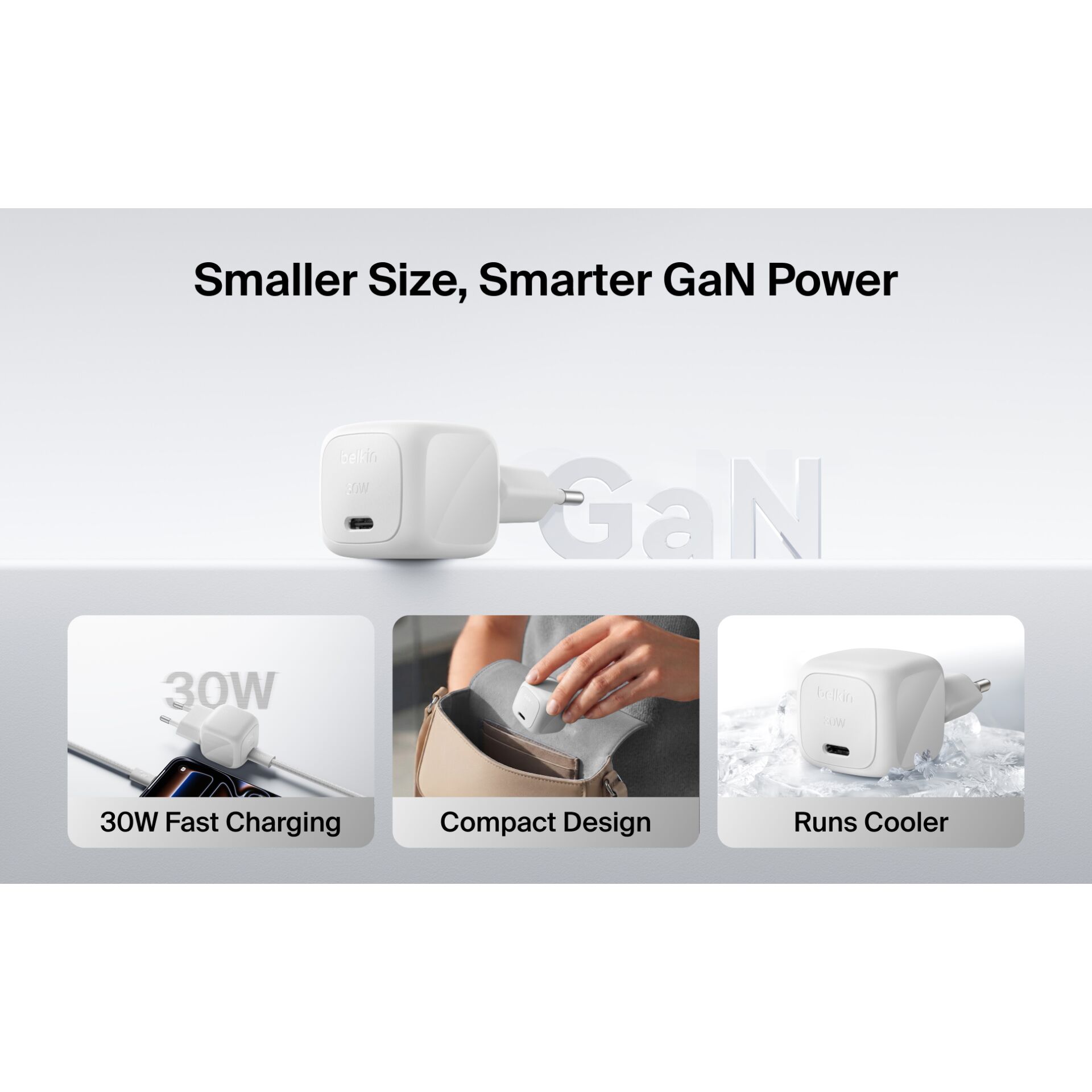 GaN-Ladegerät, 30W Schnellladung, kompaktes Design, USB-C, Kühlungstecker