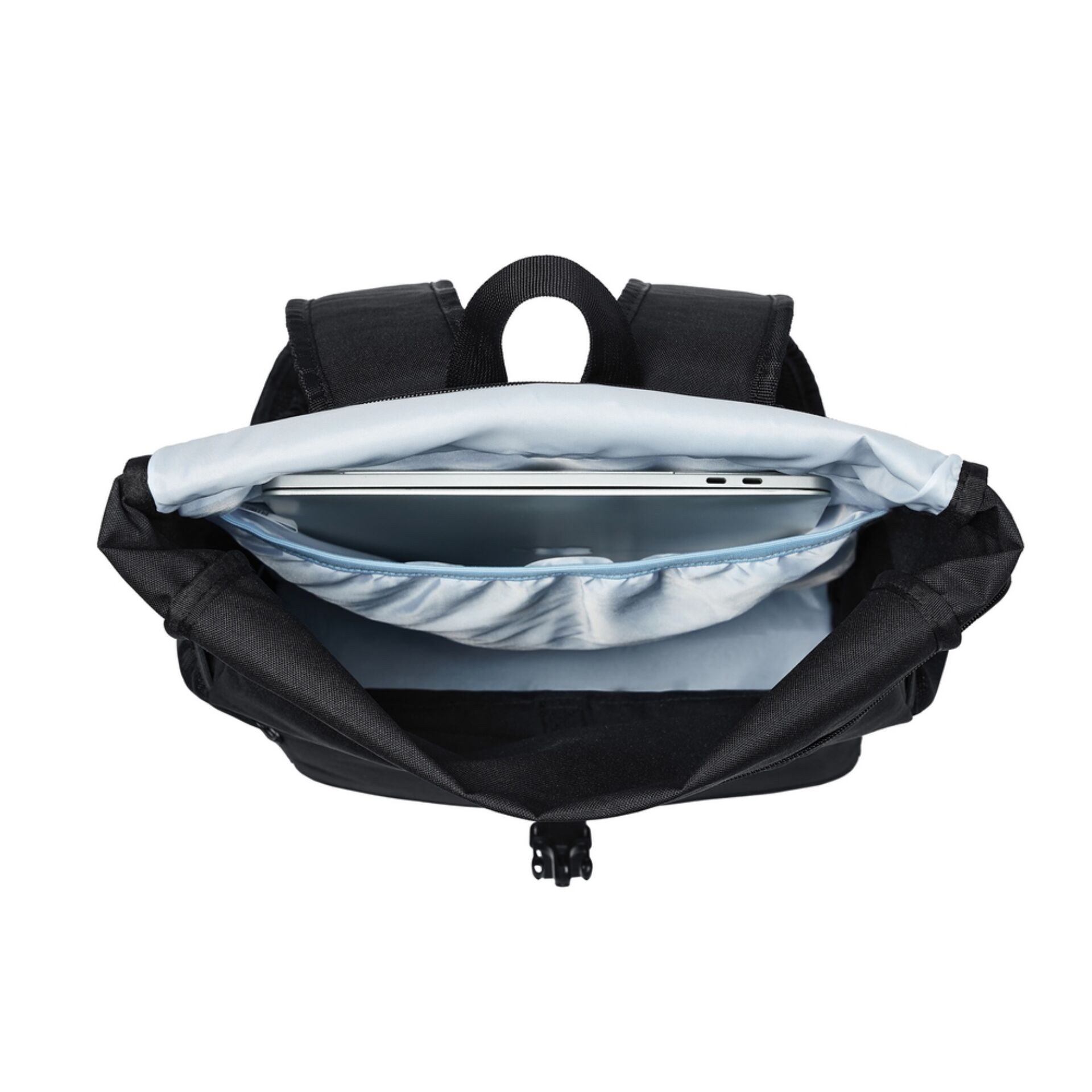 Rucksack, Laptopfach, schwarzes Textil, Rollverschluss, Innenfach