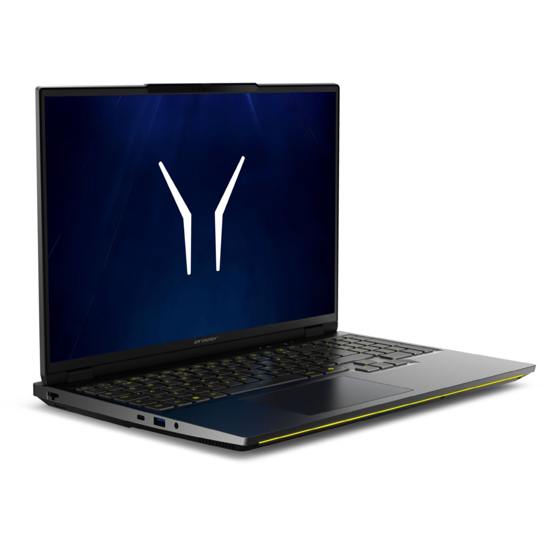 Gaming-Laptop, Schwarzes Gehäuse, Beleuchtete Tastatur, Gelbe Akzentbeleuchtung, Dünner Bildschirmrahmen