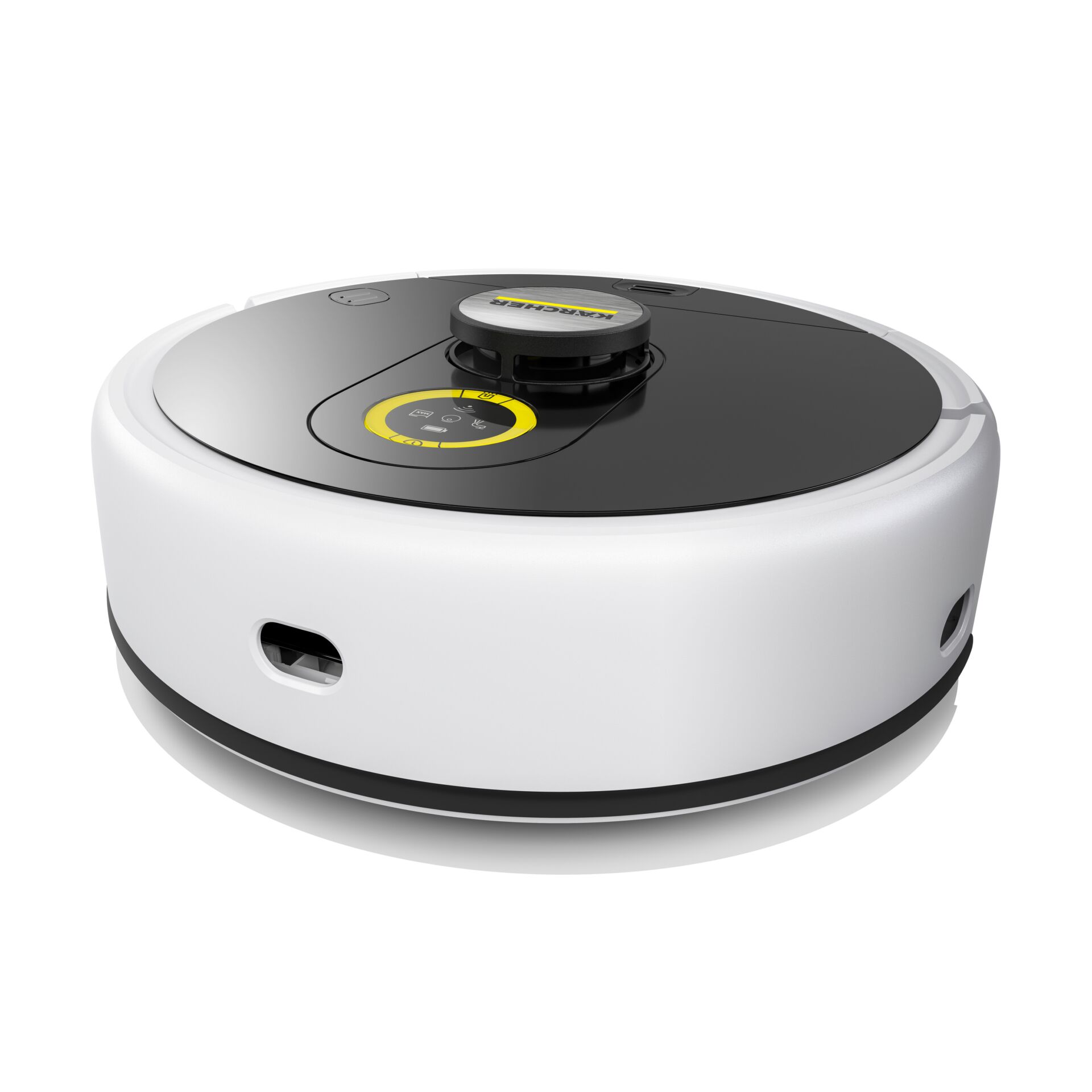 Roboterstaubsauger, Autopolierung, Runder Form, Weiß Schwarz, Ladestation nicht sichtbar, Roboter Staubsauger, Intelligenter Staubsauger, Runder Korpus, Lade-/Docking-Port, Weißer/Schwarzer Oberteil