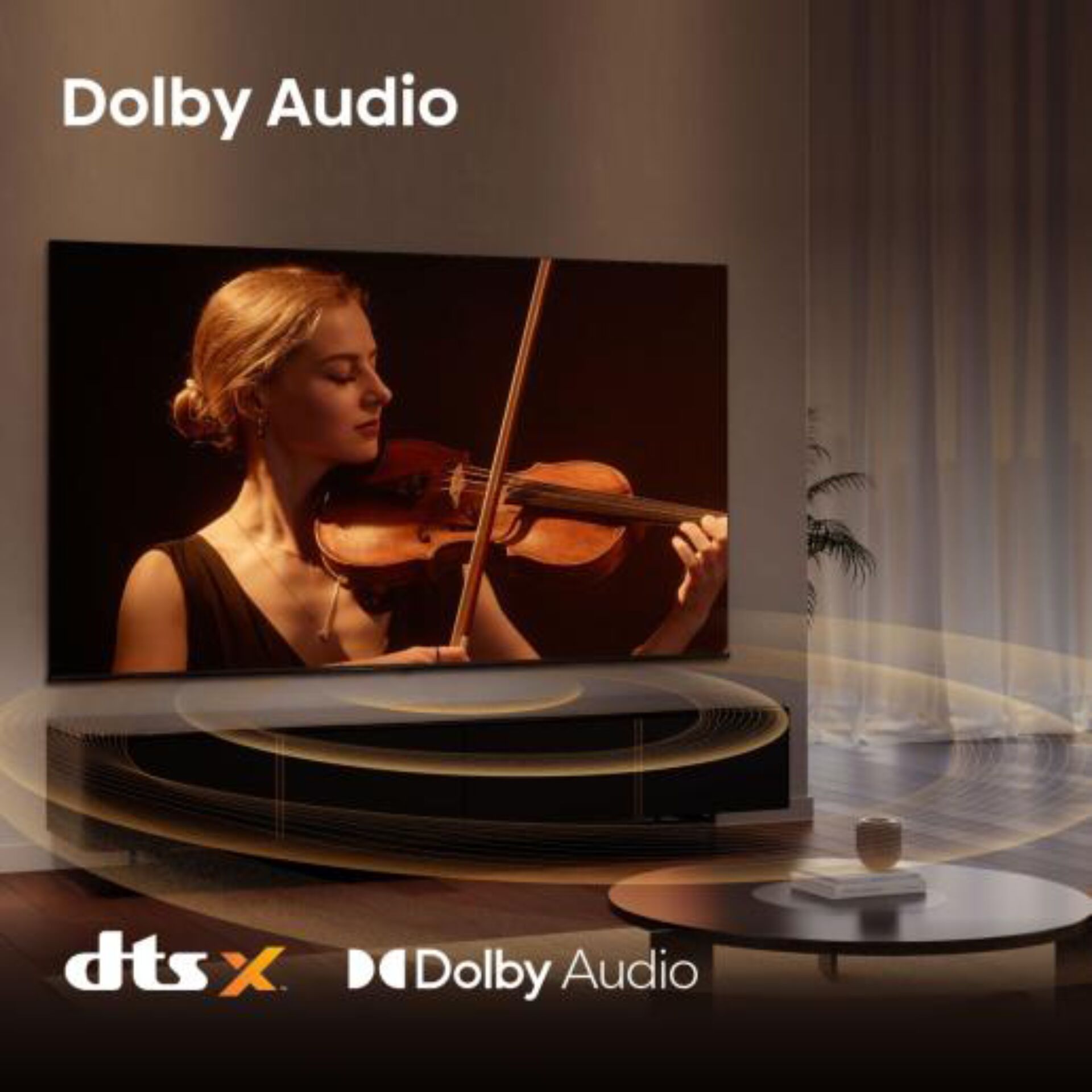 Fernseher, Wandtisch, Geige, Dolby Audio, Soundsystem