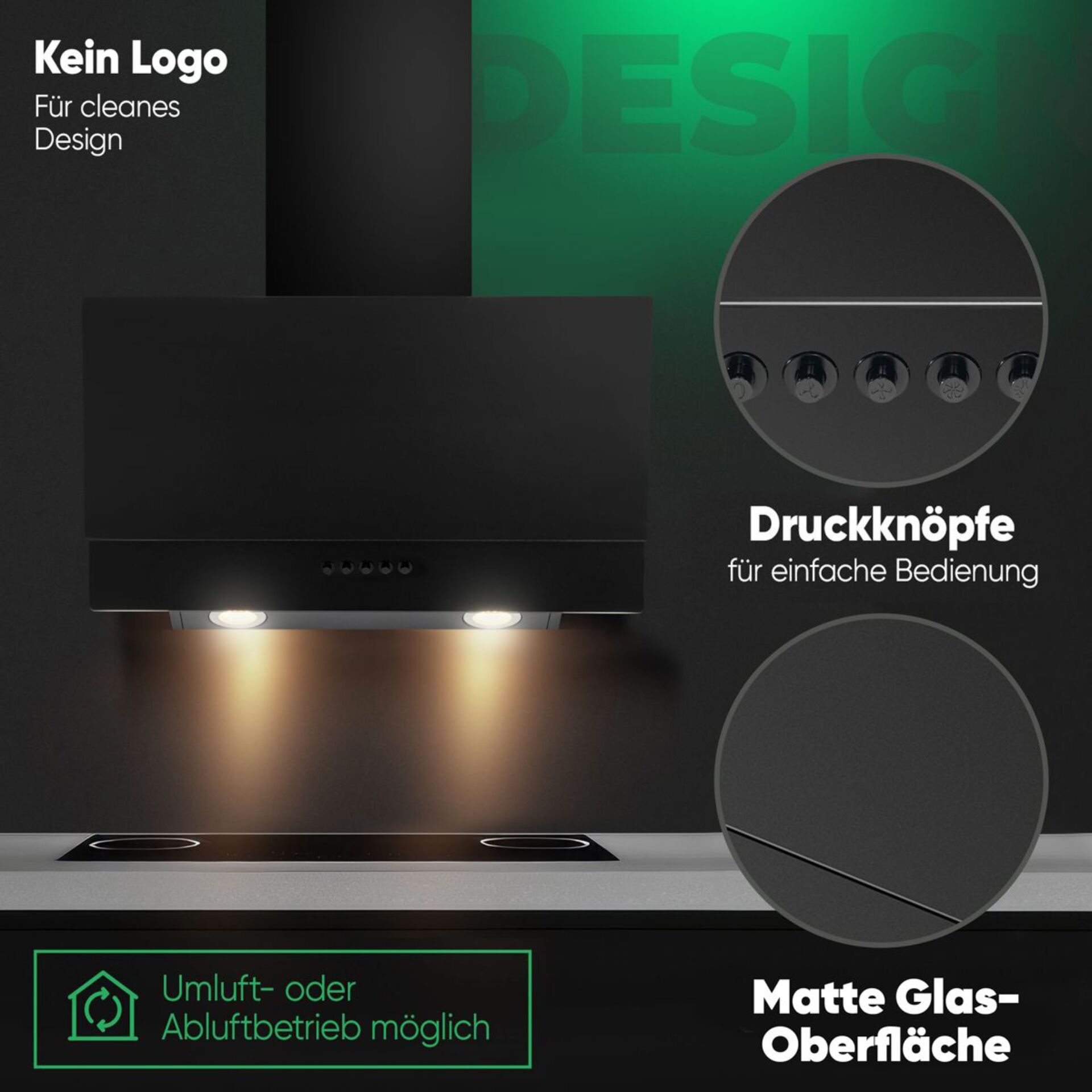 Dunstabzugshaube, Küche, Glasoberfläche, Druckknöpfe, Matte Oberfläche