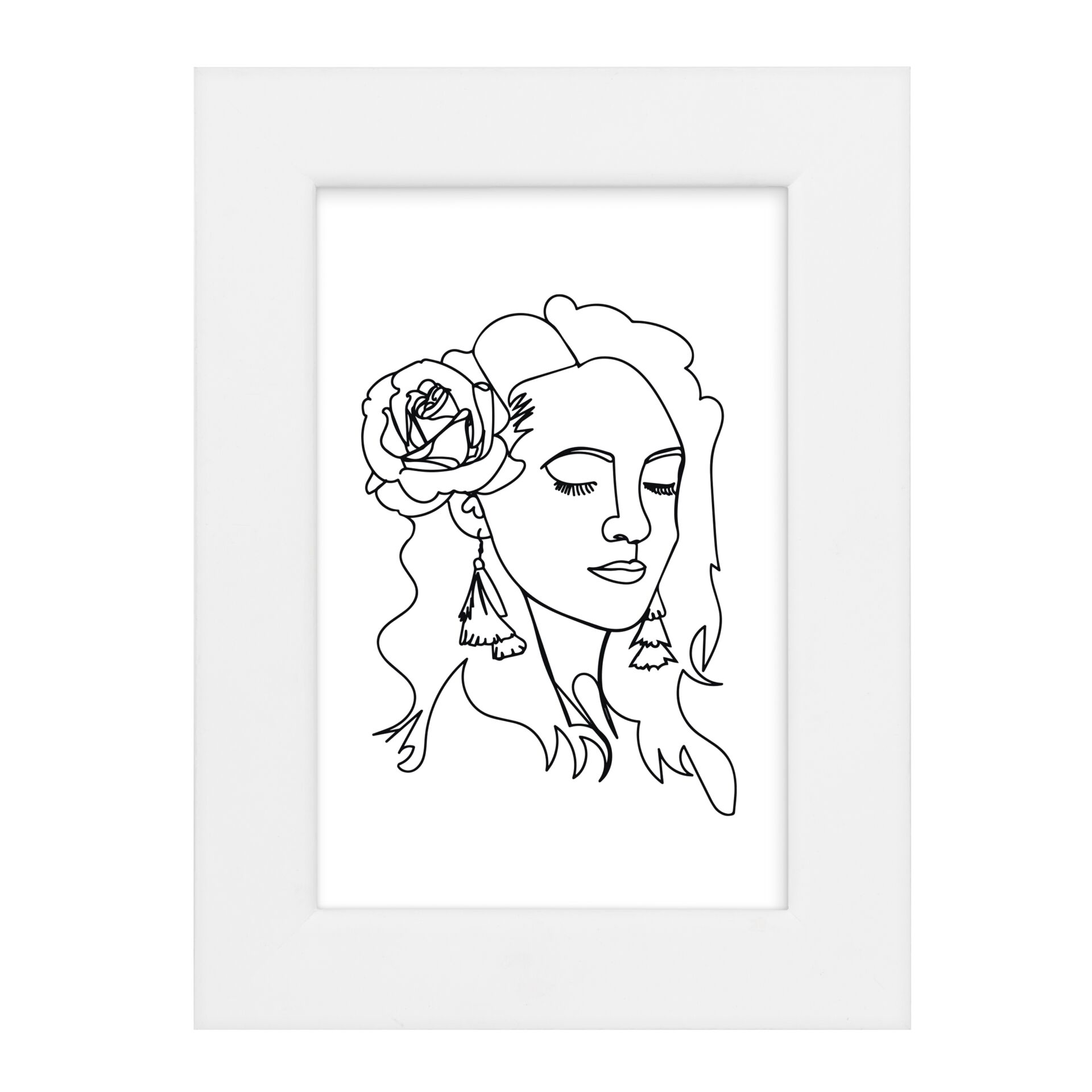 line art, frauengesicht, rose befestigung, ohrringe, gerahmte kunst