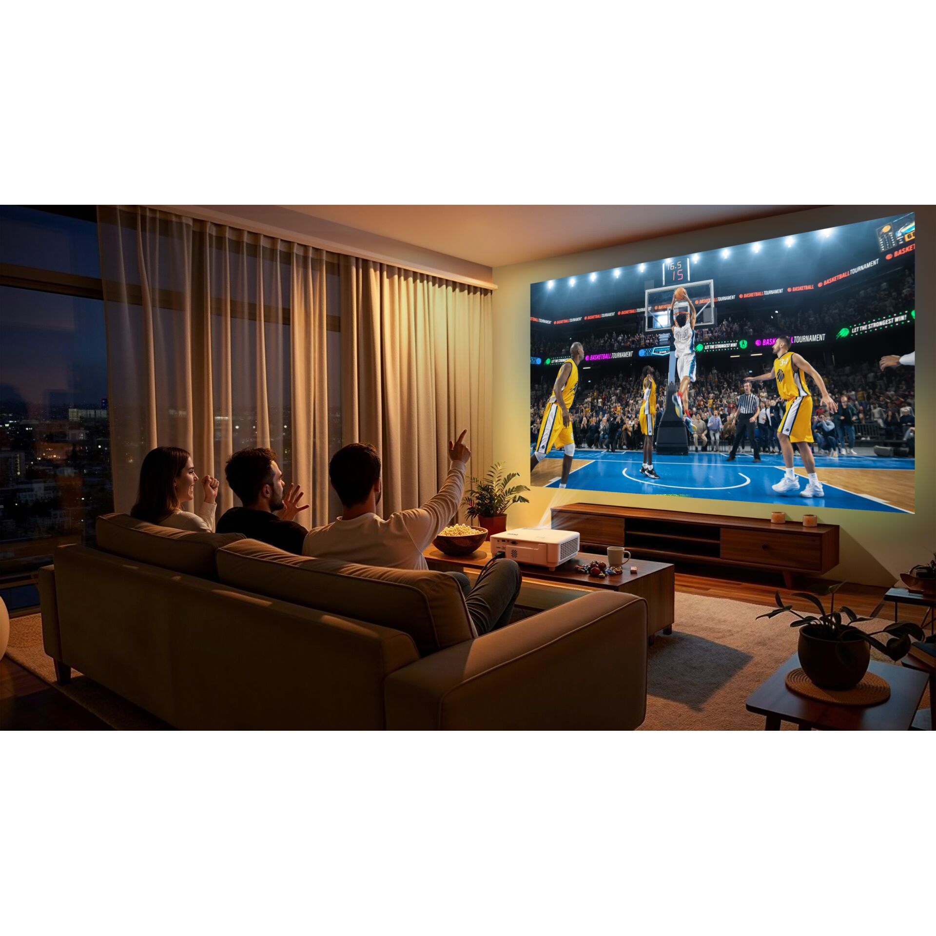 Wohnzimmer, Projektor, Leinwand, Sofa, Basketball-Spiel