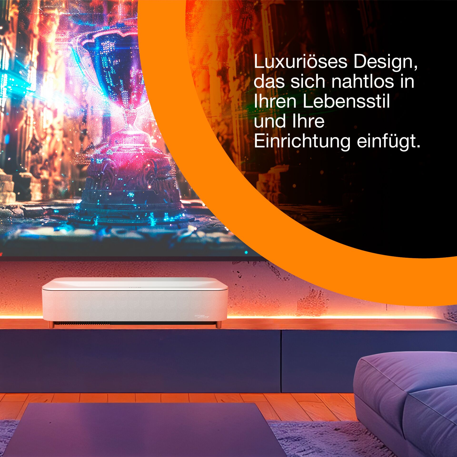 Fernsehwandkunst, Heimkino, Soundbar, LED-Beleuchtung, moderne Einrichtung