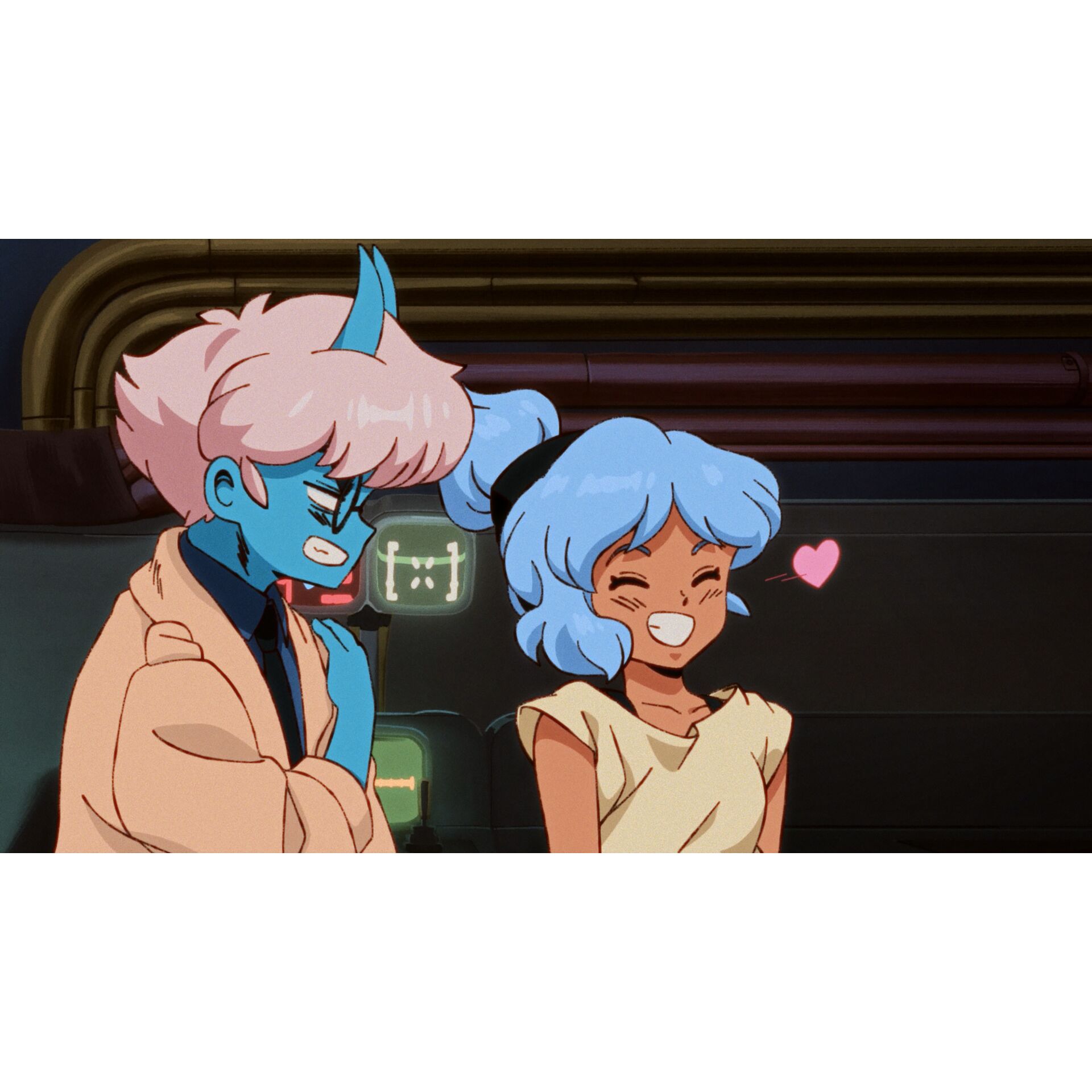 Anime, Blue-skinned, Pink hair, Glasses, Casual outfits
